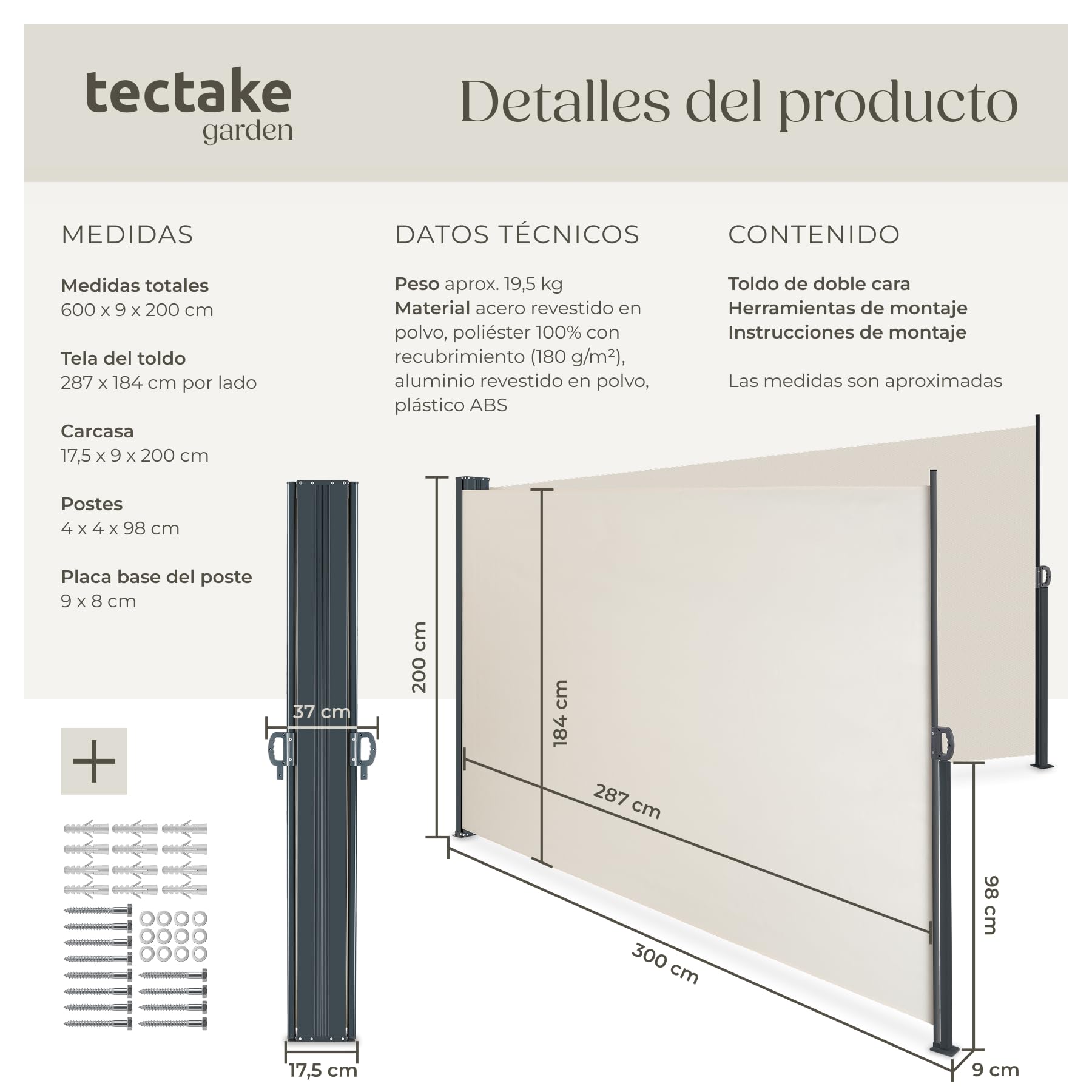 tectake® Toldo Retractil Exterior Doble 200x600 cm, Toldos Exterior Terraza, Separador de Ambientes, Paravientos, Toldo Lateral, Toldos Terraza, Parasol Lateral Jardin - Beige