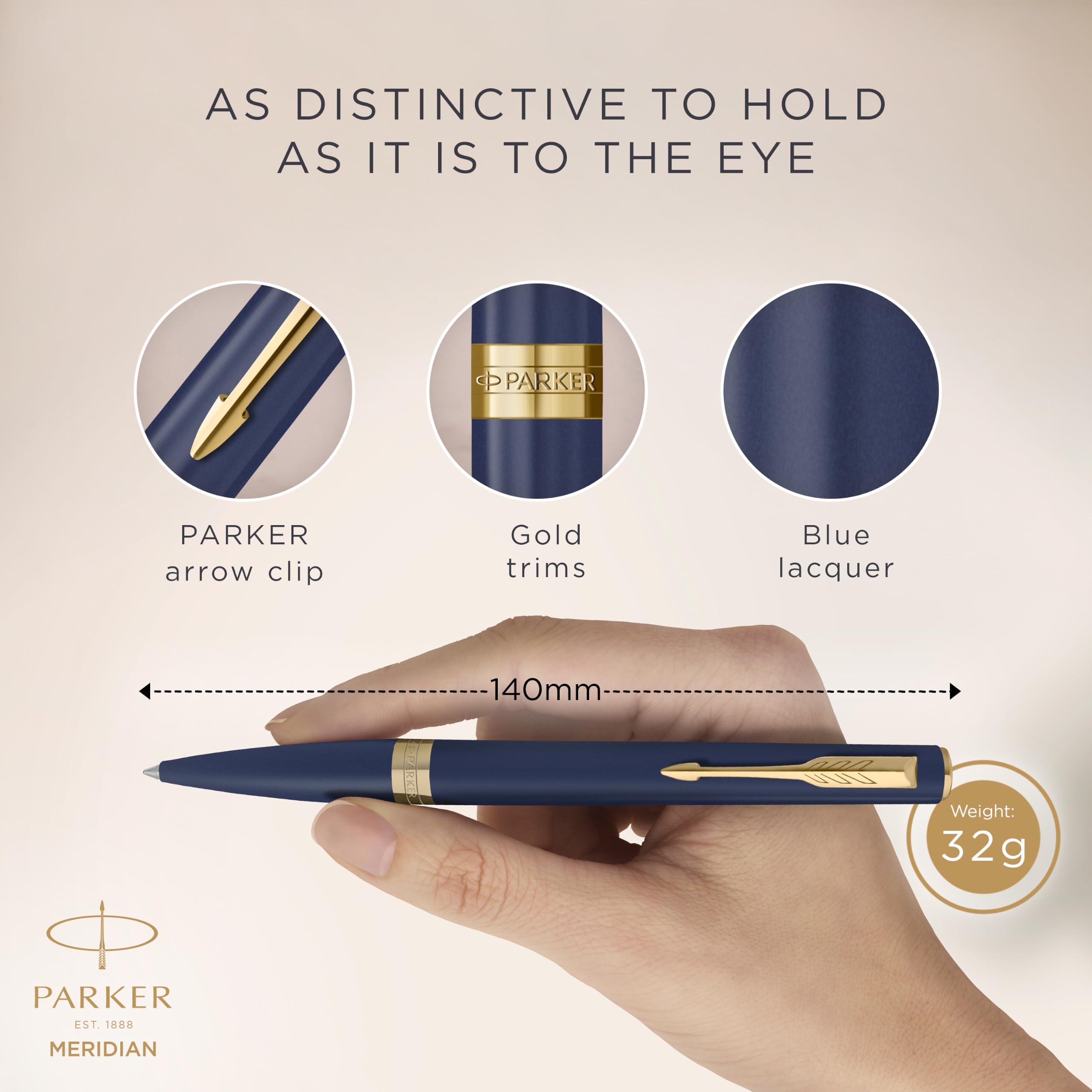 Parker Meridian Stylo à bille | Laque bleue avec garnitures dorées | Plume moyenne | Stylos pour l'écriture et Fournitures de papeterie | Encre bleue | Boîte cadeau de luxe