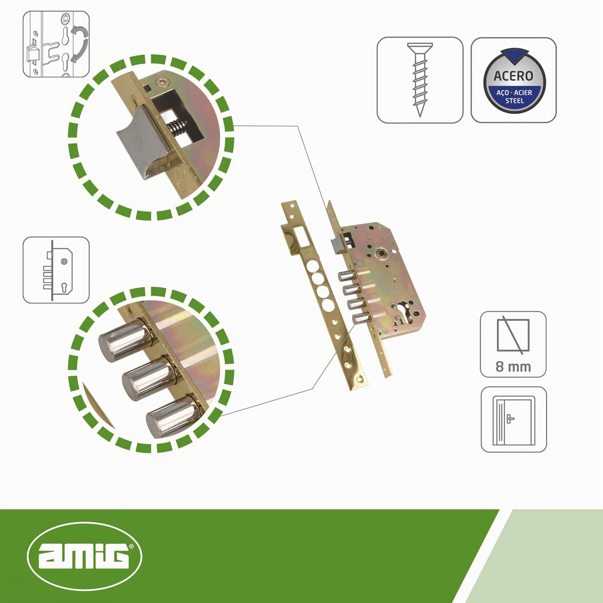 Amig - Cerradura de Embutir Con Bulones para Puertas de Madera Mod. 100-50/85 mm - Con Cilindro y Escudo de Seguridad - Picaporte Reversible - Acero Latonado Barnizado