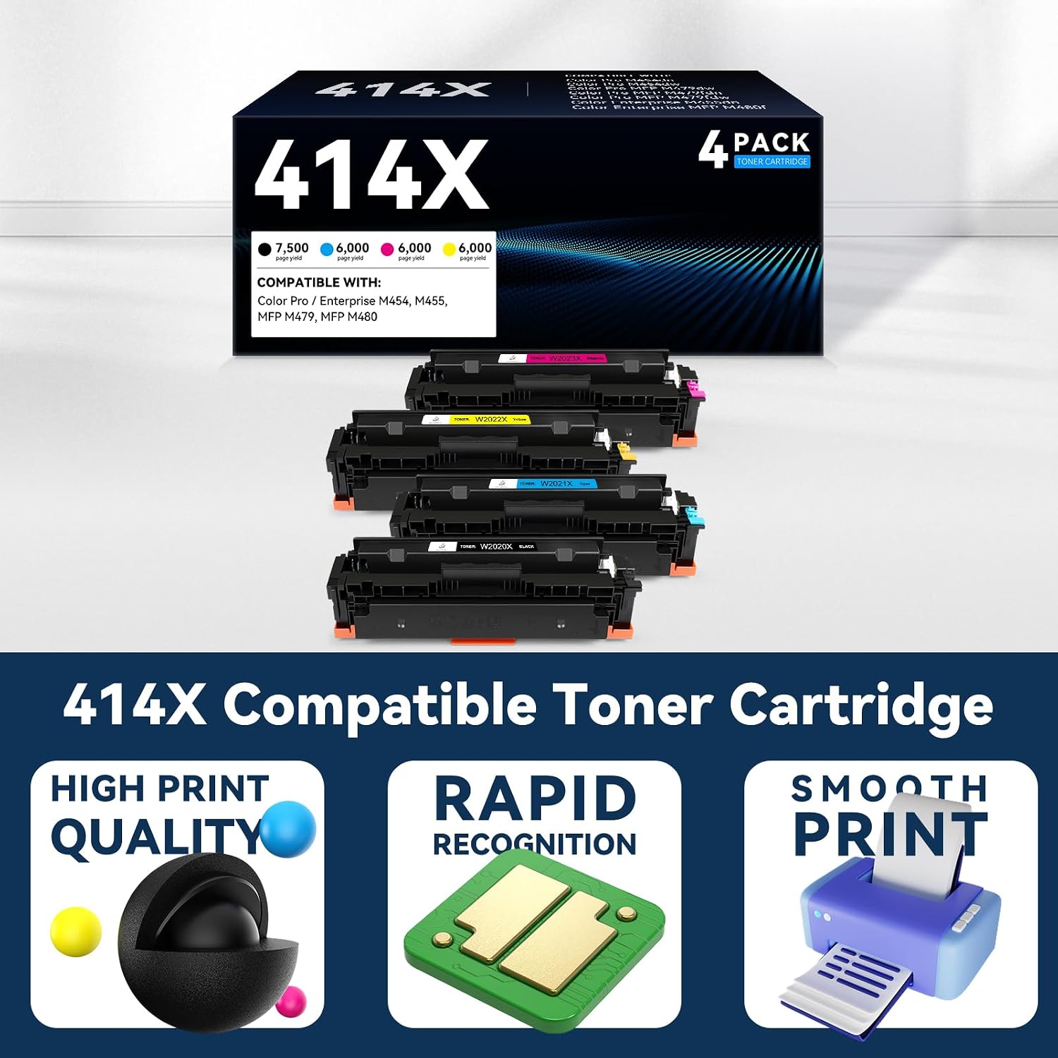 414X Toner Cartridges 4 Pack High Yield Compatible Replacement for HP 414X 414A W2020X Works with HP Color LaserJet Pro MFP M479fdw M479fdn M479dn M454dw M454dn M480f M455dn Printer Ink (with Chip)