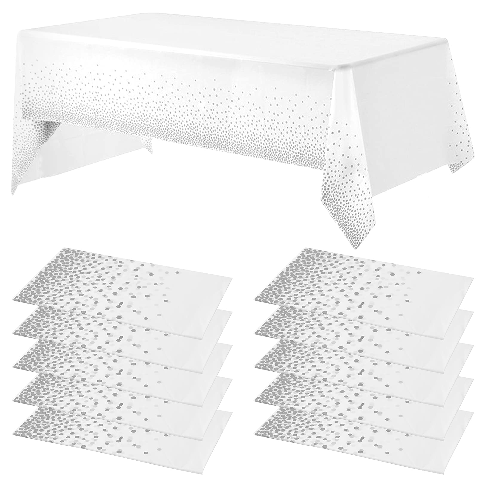 MTREO 10 Pack 54" x 108" Plastic Tablecloths Rectangular Tablecloths Silver Dot Disposable Tablecloths for Rectangle Tables Dining Table Covers Cloth for Parties, Picnic, Wedding, Anniversary