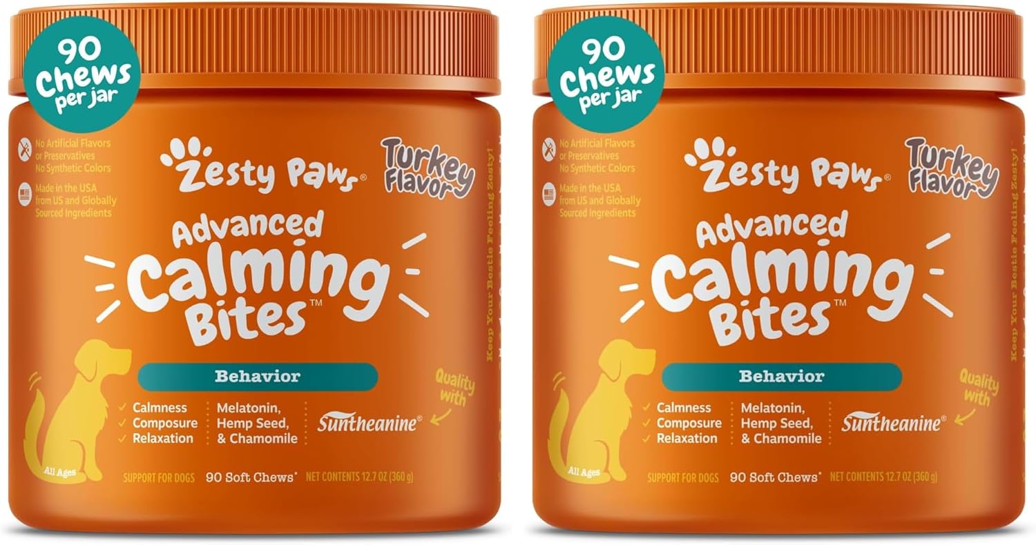 Zesty Paws Calming Chews for Dogs - for Everyday Stress, Relaxation, Composure, and Separation Turkey 90 Count (Pack of 2)