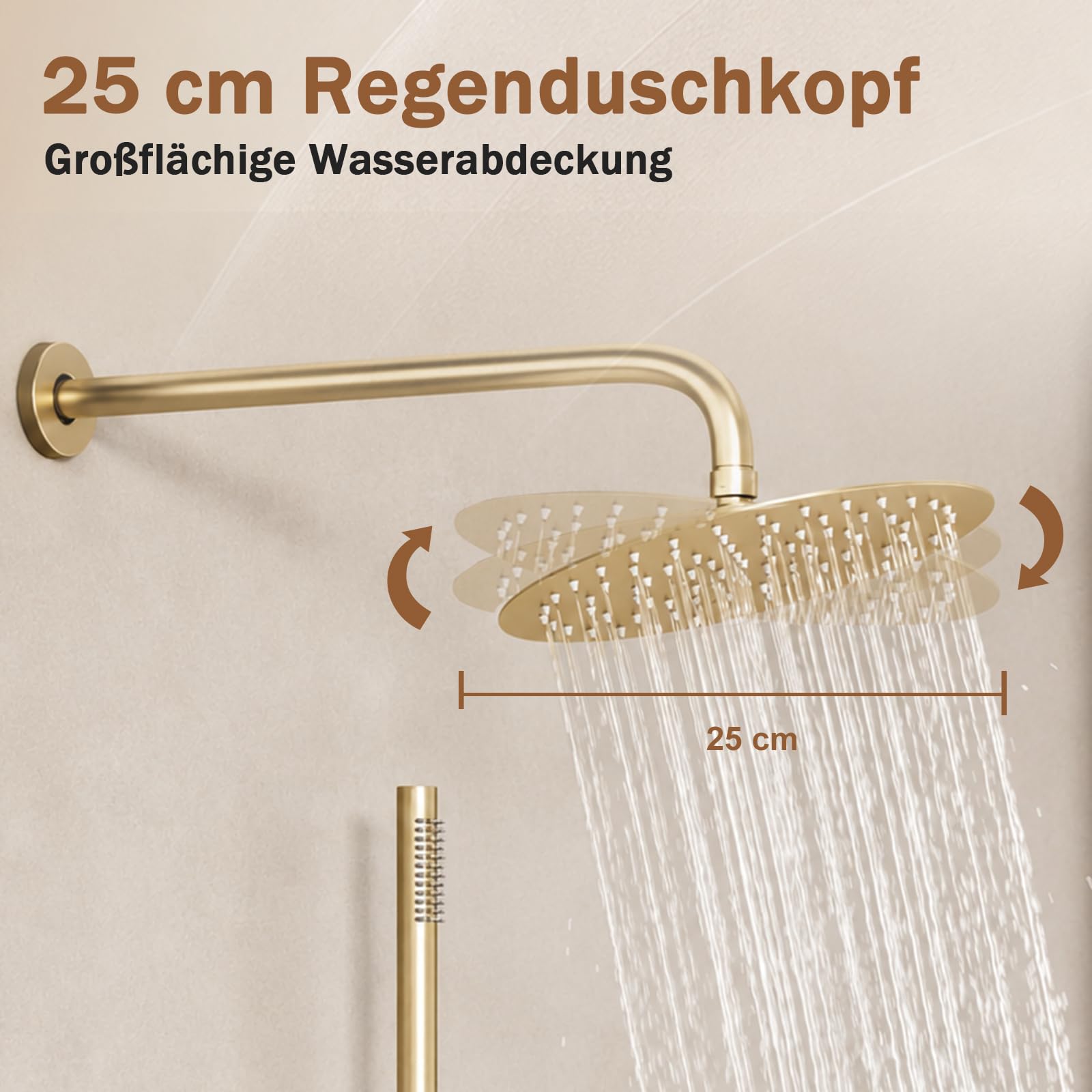 Unterputz Duscharmatur Set, Duschsystem Unterputz Gold mit 25cm Regendusche