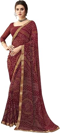 SIRIL Womens Bandhani Printed & Lace Chiffon Saree with Blouse