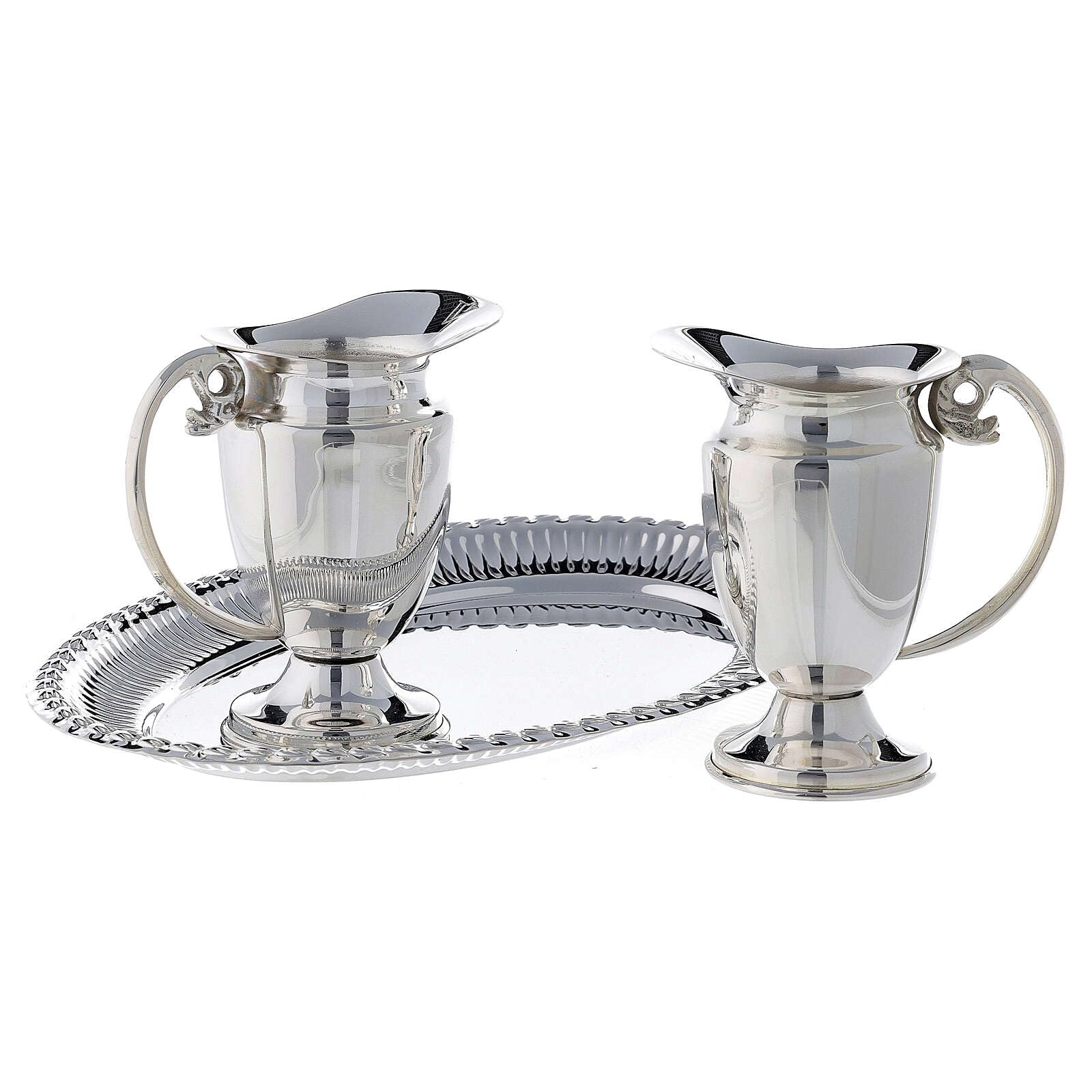 Holyart Burettes liturgiques en métal: Set burettes et plateau de célébration laiton argenté gravé