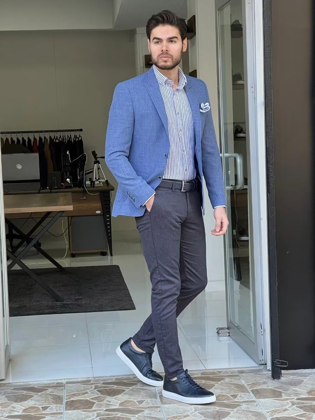 Mens Linen Suit Jackets Casual Two Button Slim Fit Blazers Suit Sport Coats for Wedding Prom Party