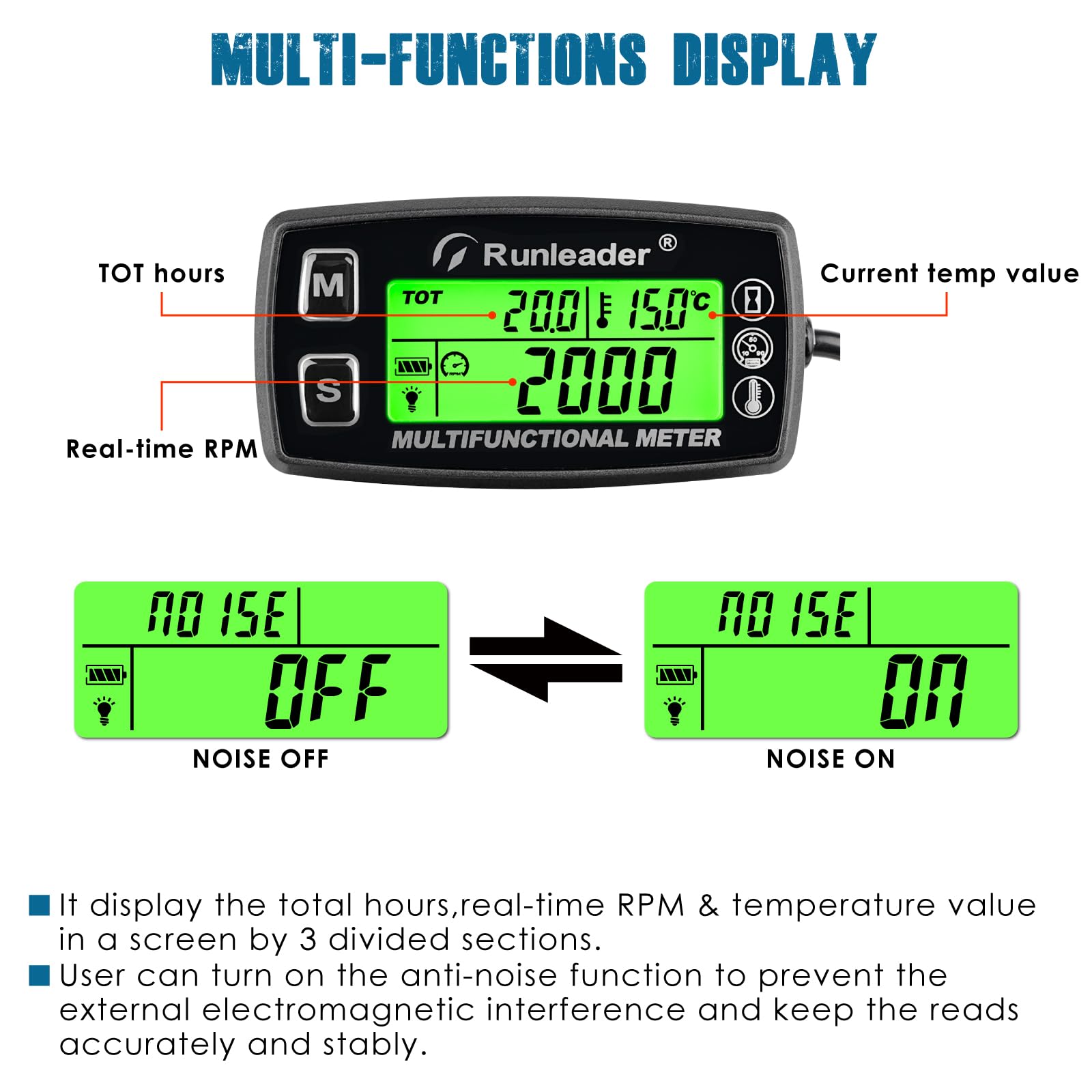 Runleader Digitaler Drehzahlmesser,Motortemperaturanzeige,Alarm RPM und Temp,Hintergrundbeleuchtung für Rasentraktor Kompressor Generator Schneemobil Marine Jet Ski Pit Bike