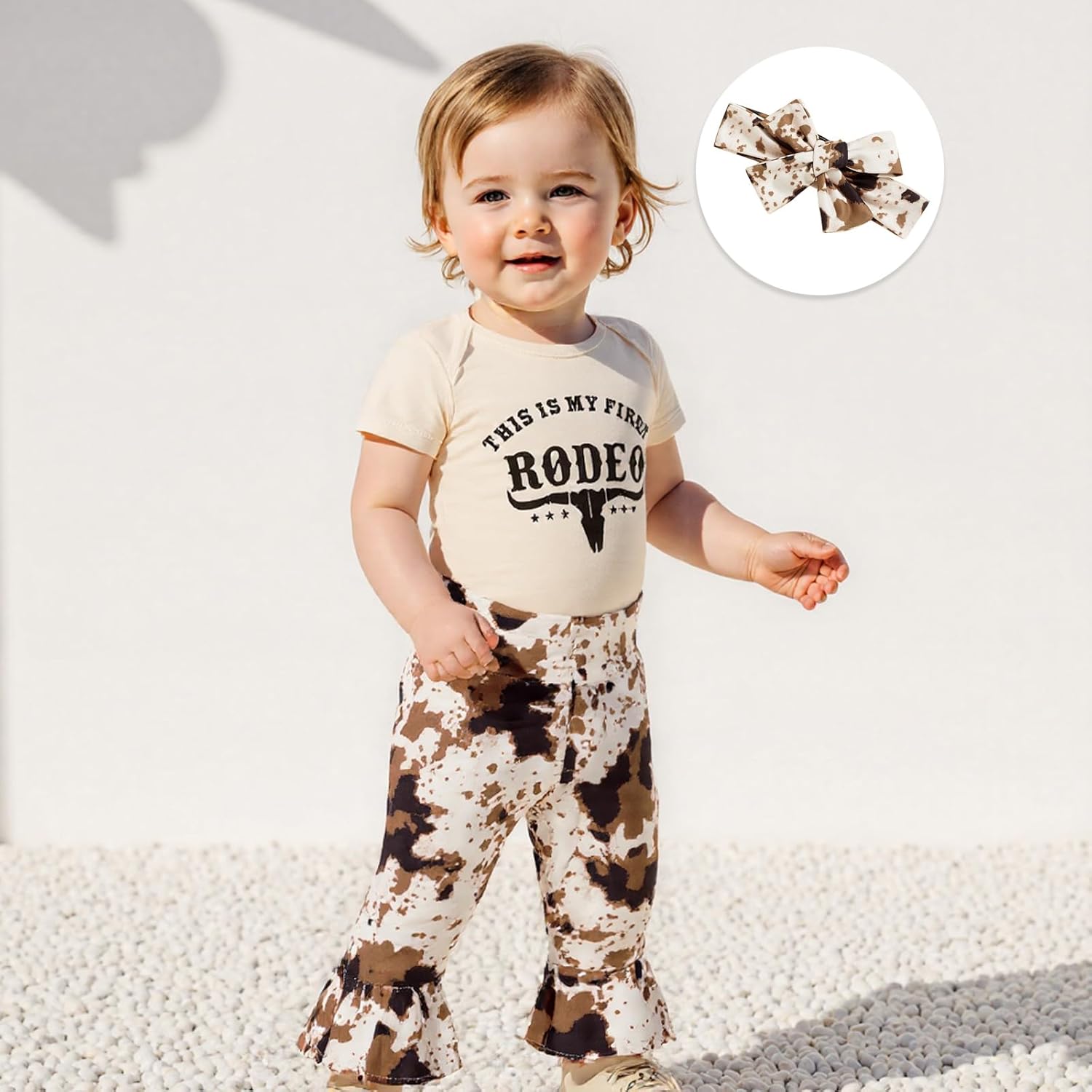 Newborn Baby Girl Western Outfits My First Rodeo Romper Cow Print Flared Pants Set Cowgirl Country Clothes - Image 4