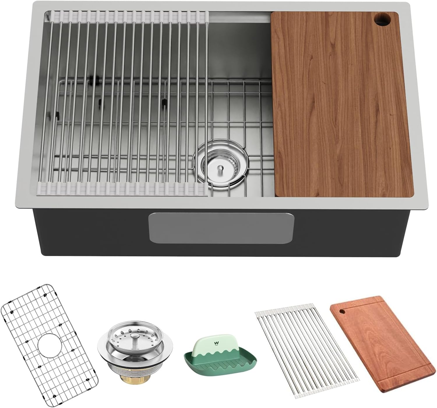 Kitchen Sink Workstation, 30x19 Inch Stainless Steel Drop In Kitchen Sink Modern Undermount Single Bowl Kitchen Sink Gift Combo-SS Grid,Drying Rack,Cutting Board,Utensil Rest, Drain Strainer Set