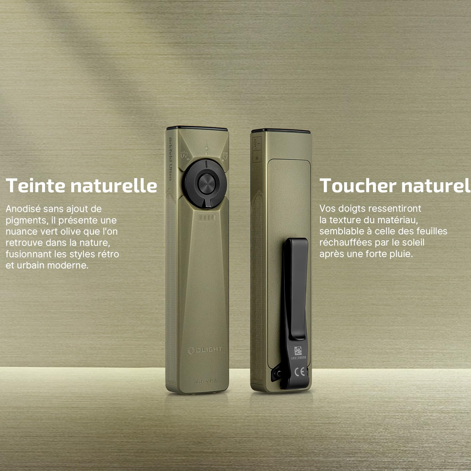 OLIGHT Arkfeld Ultra EDC Lampe Torche Plate 1400 Lumens Lampe de Poche Rechargeable Combinant LED Blanche UV et Faisceau Vert 3 Sources Parfaites pour La Vérification et Le Travail Vert