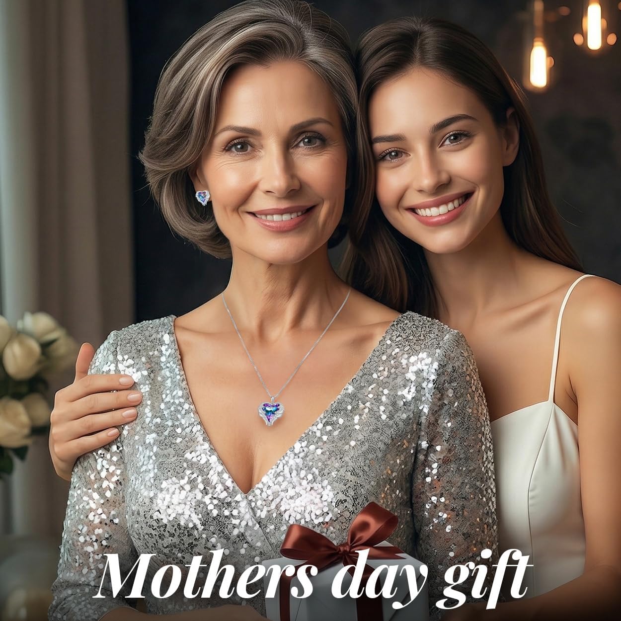 CDE Mothers Day Gifts Jewelry Set for Women, Angle Wing Heart Pendant Necklaces and Earrings with Birthstone， Birthday/Anniversary Christmas Jewelry Gift for Women Wife Her