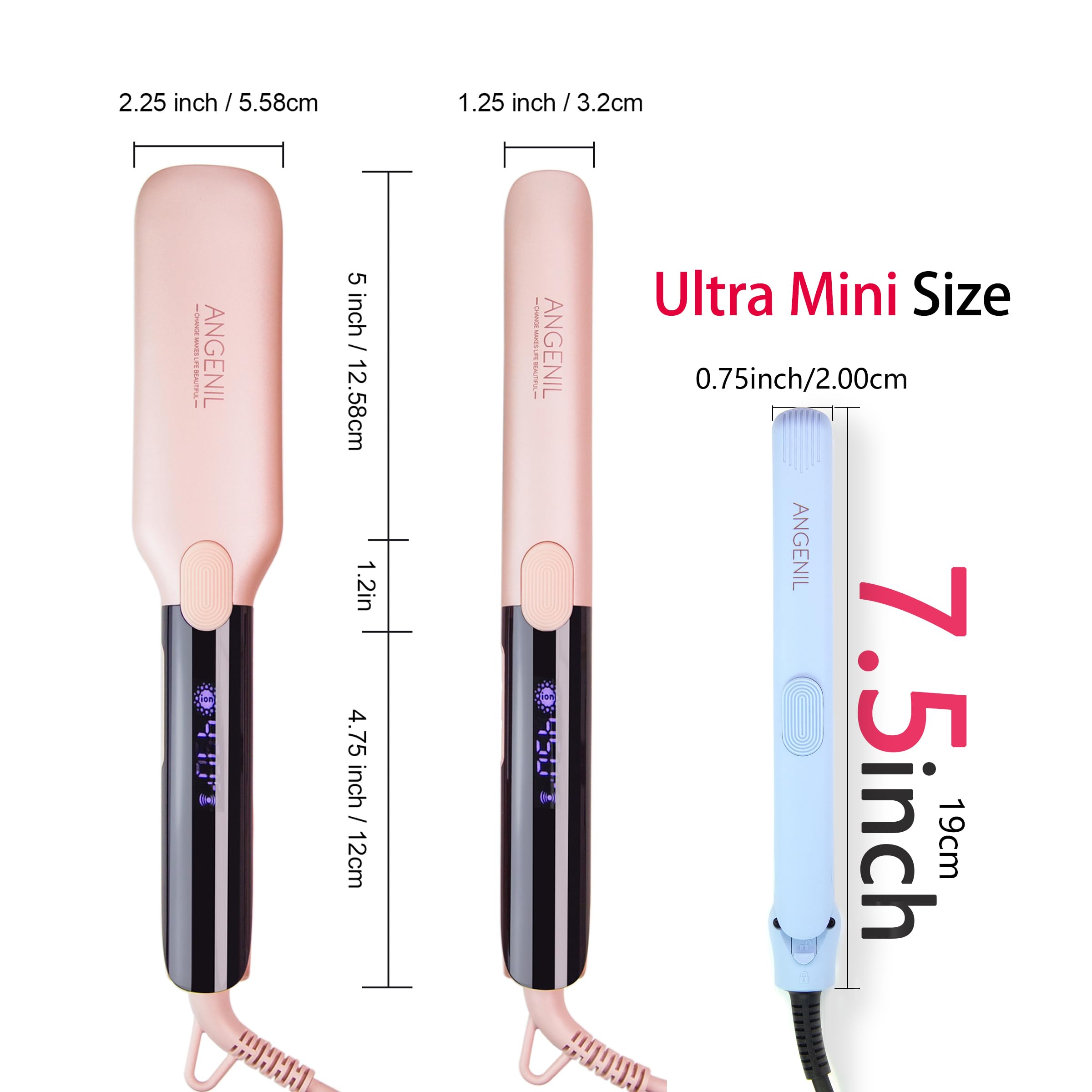 ANGENIL Mini lisseur céramique pour femme, fer à lisser et boucler pour cheveux fins, double tension, format voyage 1,8 cm, pour cheveux courts - Bleu