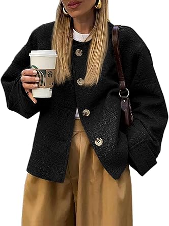 BZB Women's Tweed Blazers Long Sleeve Button Down Business Casual Jackets