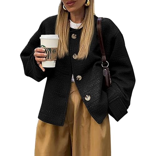 Tweed Jackets for Women Fall Long Sleeve Business Button Down Casual Cropped Blazer with Pockets