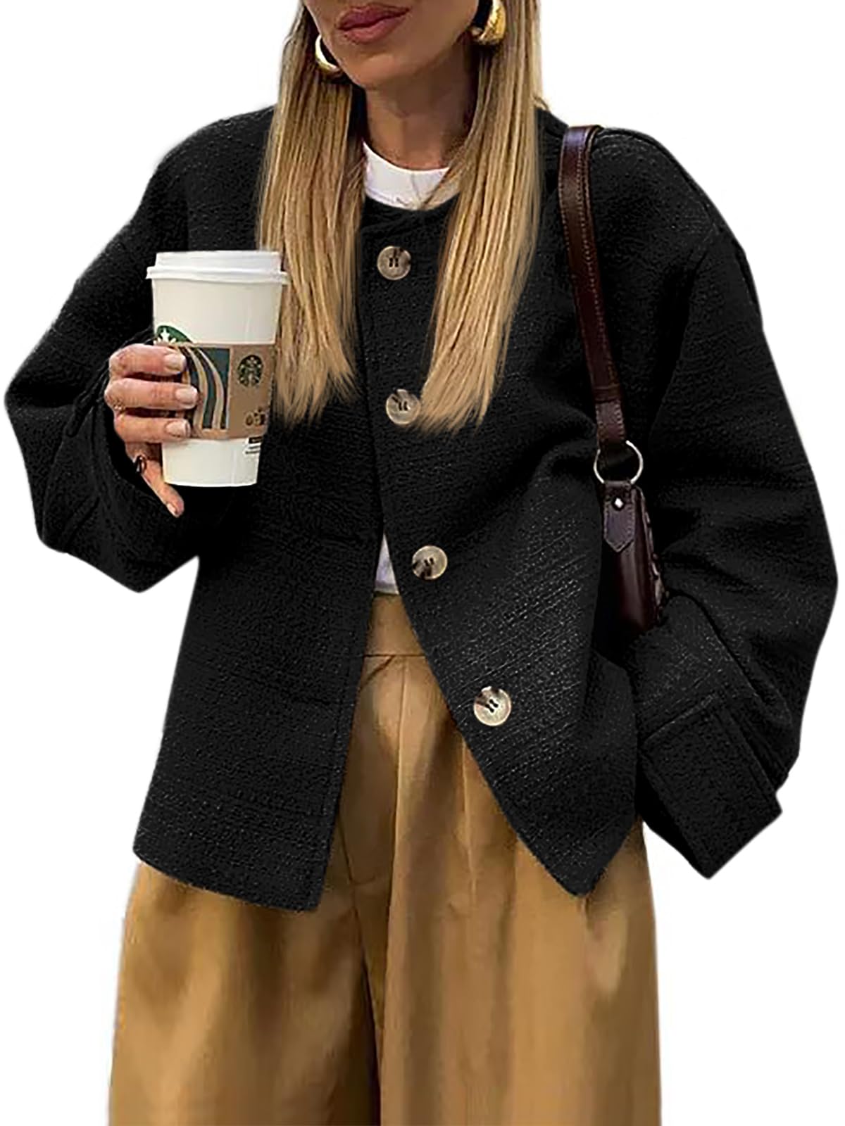 Tweed Jackets for Women Fall Long Sleeve Business Button Down Casual Cropped Blazer with Pockets