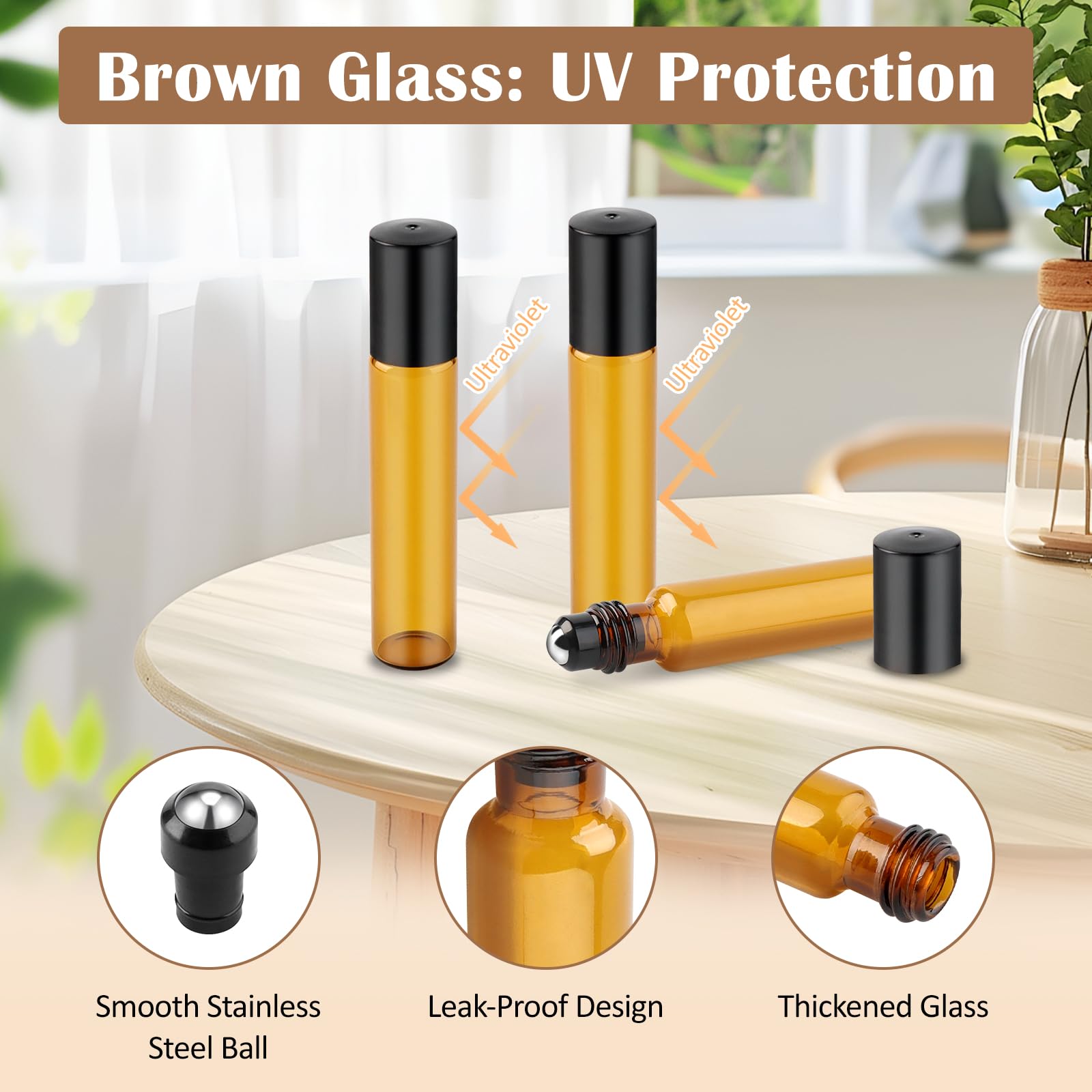 12 Pièces Bouteilles à Huile Essentielle en Verre, 10ml Flacons Roll-on en Verre Rechargeable, Marron Flacon Roll on Vide, Bouteille à Rouleau D'huile Essentielle pour Parfums Aromathérapie Massage