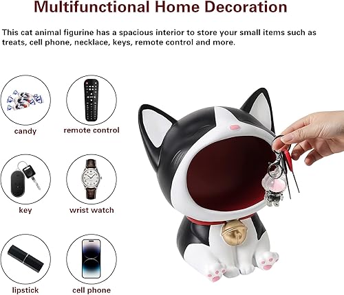 Miniatura 3 de Linda estatua de gato sonriente para plato de caramelos, soporte para llaveros, escritorio de trabajo, almacenamiento de accesorios de oficina,