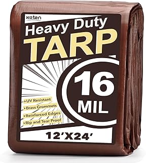 Keten Tarps Heavy Duty Waterproof 12X24 Feet, Extra Thick 16 Mil, Tear & Fade Resistant, UV Blocking, Outdoor Tarp with Reinforced Grommets for Roof, Camping, Patio, Pool, Boat (Brown/Silver)