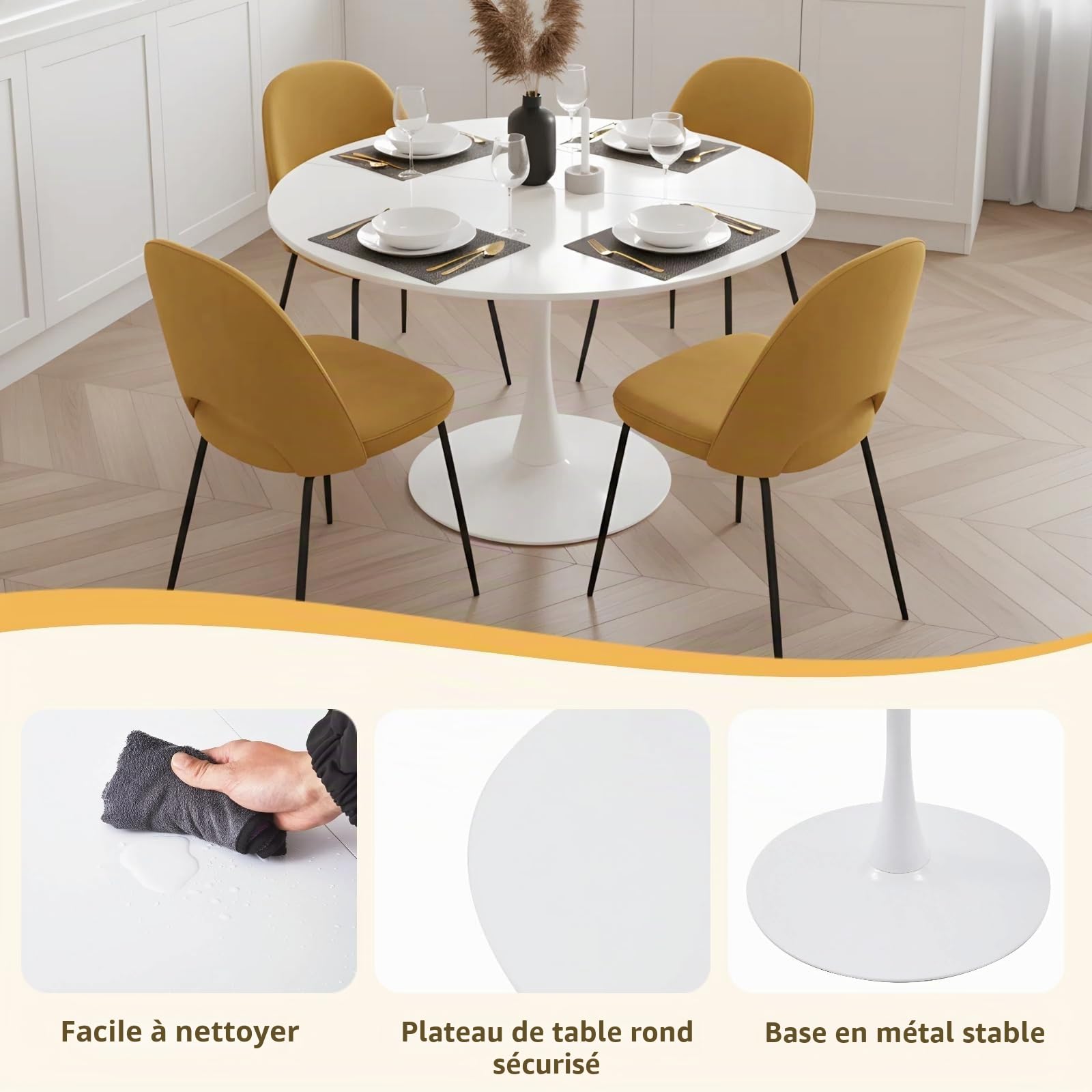 Table de Salle a Manger Ronde Blanche de 110 cm Diametre pour 4 à 6 Personnes, Table Ronde Salle Manger Moderne avec Base en Métal pour Cuisine Salon Restaurant Café Bureau, Blanc