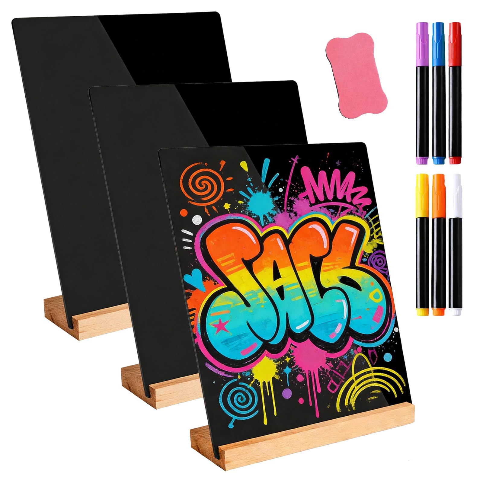 3 Pcs Chalkboard Sign, 21 x 30cm Tabletop Wood Chalkboard Sign with Base Stand, Menu Chalk Board Sign Message Boards for Party Tables Decoration, Bar Stall and Restaurant