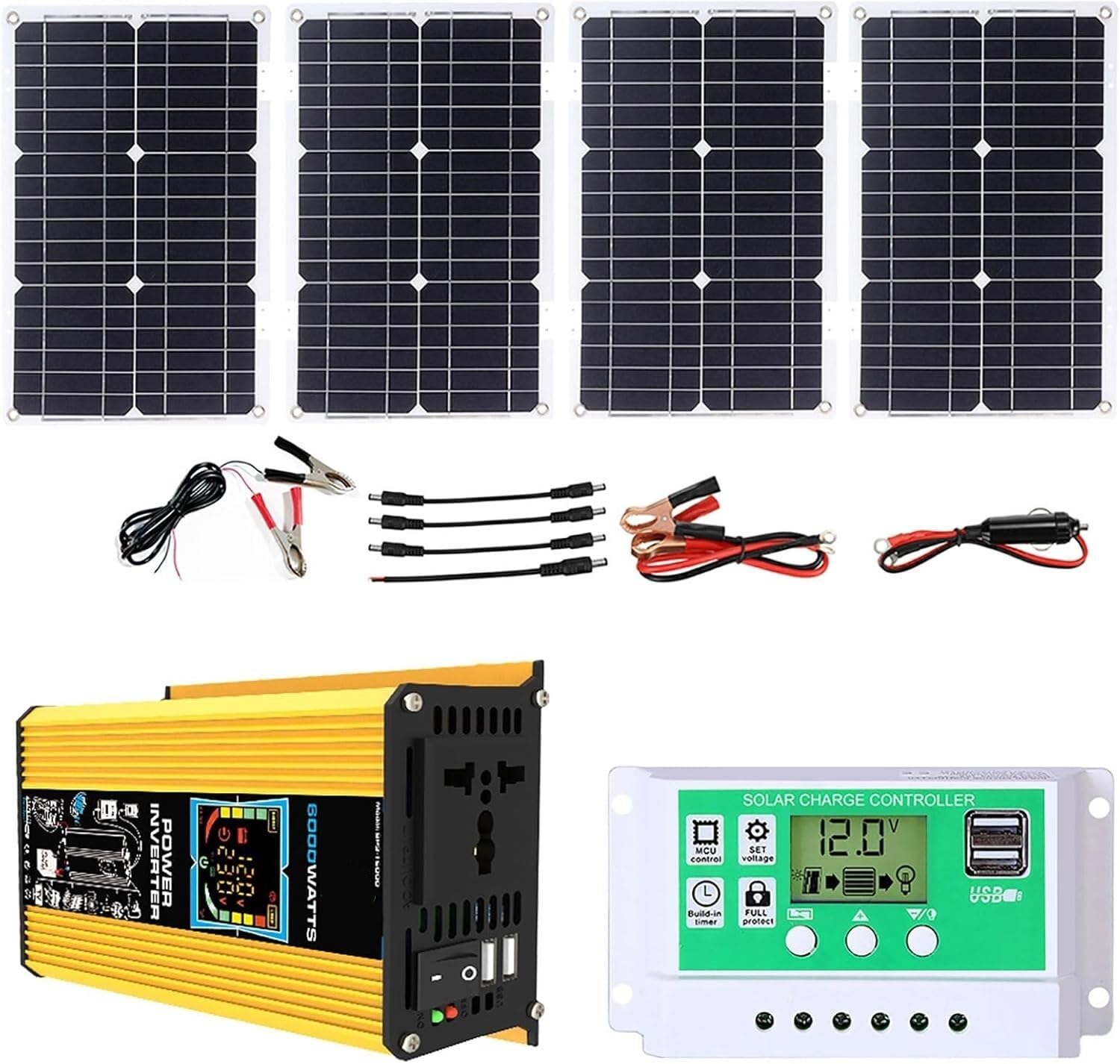 Kit di energia Solare off-Grid da 6000 W con Pannello Solare Impermeabile da 100 W e regolatore di Carica da 50 A for Camper, Barche ed Emergenza(Yellow)
