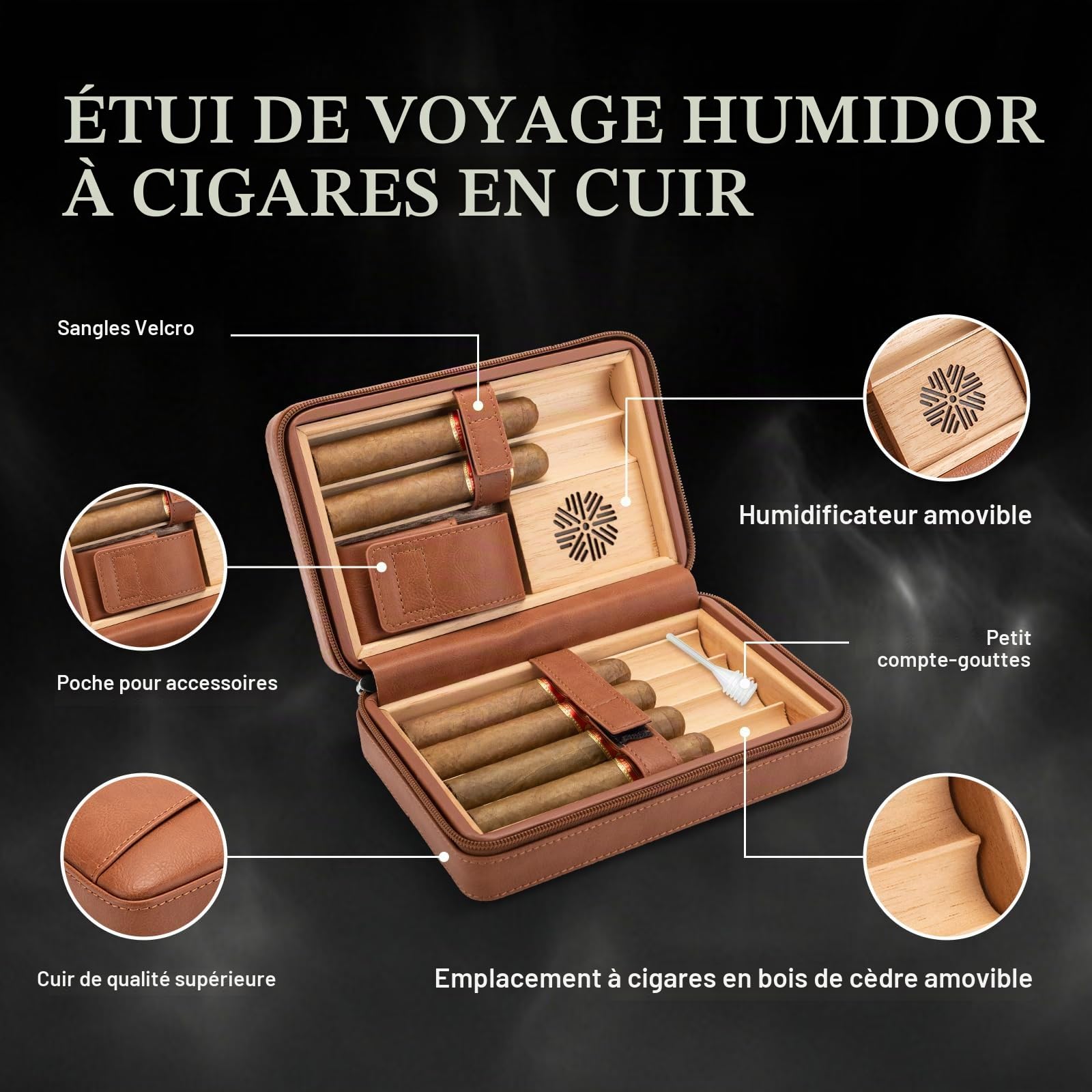 Boîte à cigares de Voyage avec poinçon, étui à cigares en Cuir doublé de Bois de cèdre pour 6 cigares, humidificateur Portable intégré pour Les Amateurs de cigares (Noir)