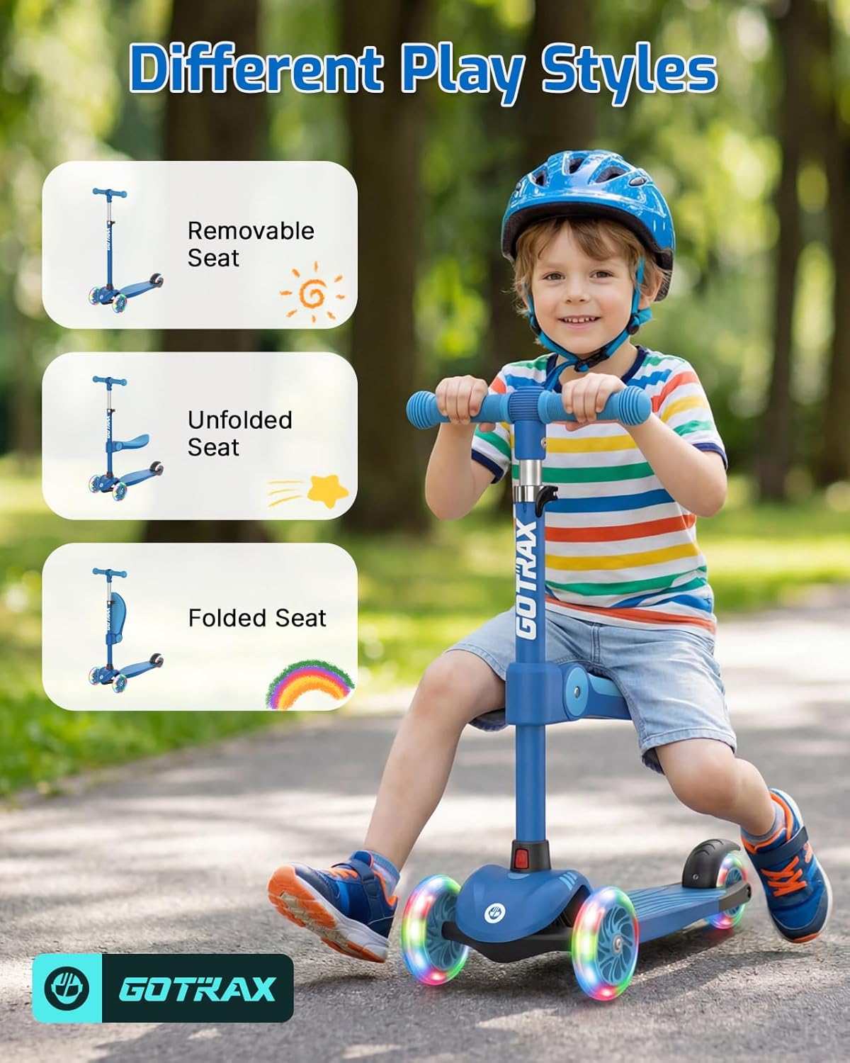 Gotrax KS3 Kids Kick Scooter, LED Lighted Wheels, Adjustable Height Handlebars and Removable Seat, Lean-to-Steer & Widen Anti-Slip Deck, 3 Wheel Scooter for Kids Ages 2-8 and up to 110 Lbs