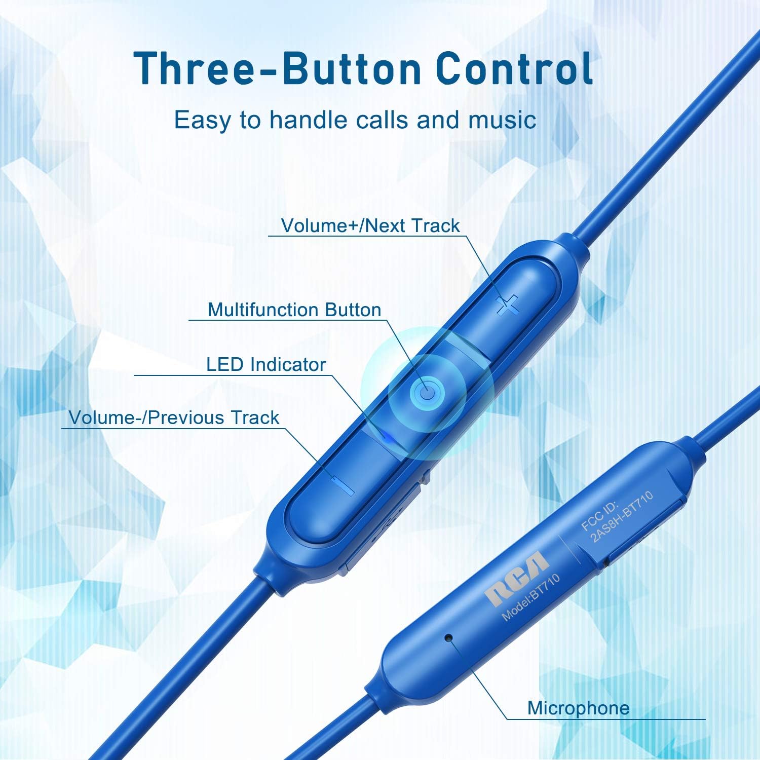 Close-up of RCA BT710 three-button control panel with volume, multifunction, LED, and microphone labels.