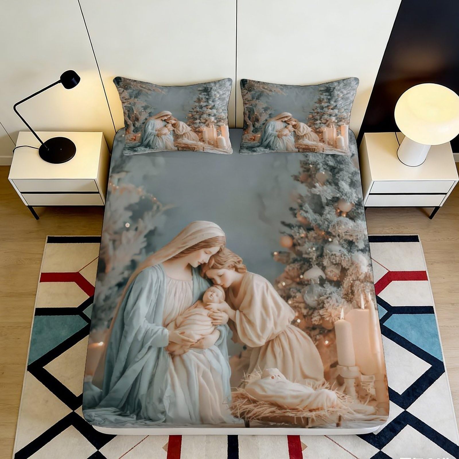 3D Printed Nativity Scene Fitted Sheet Microfiber Bedroom Decor Angel Bed Cover for Adult Youth Guest Room 90x200x25cm