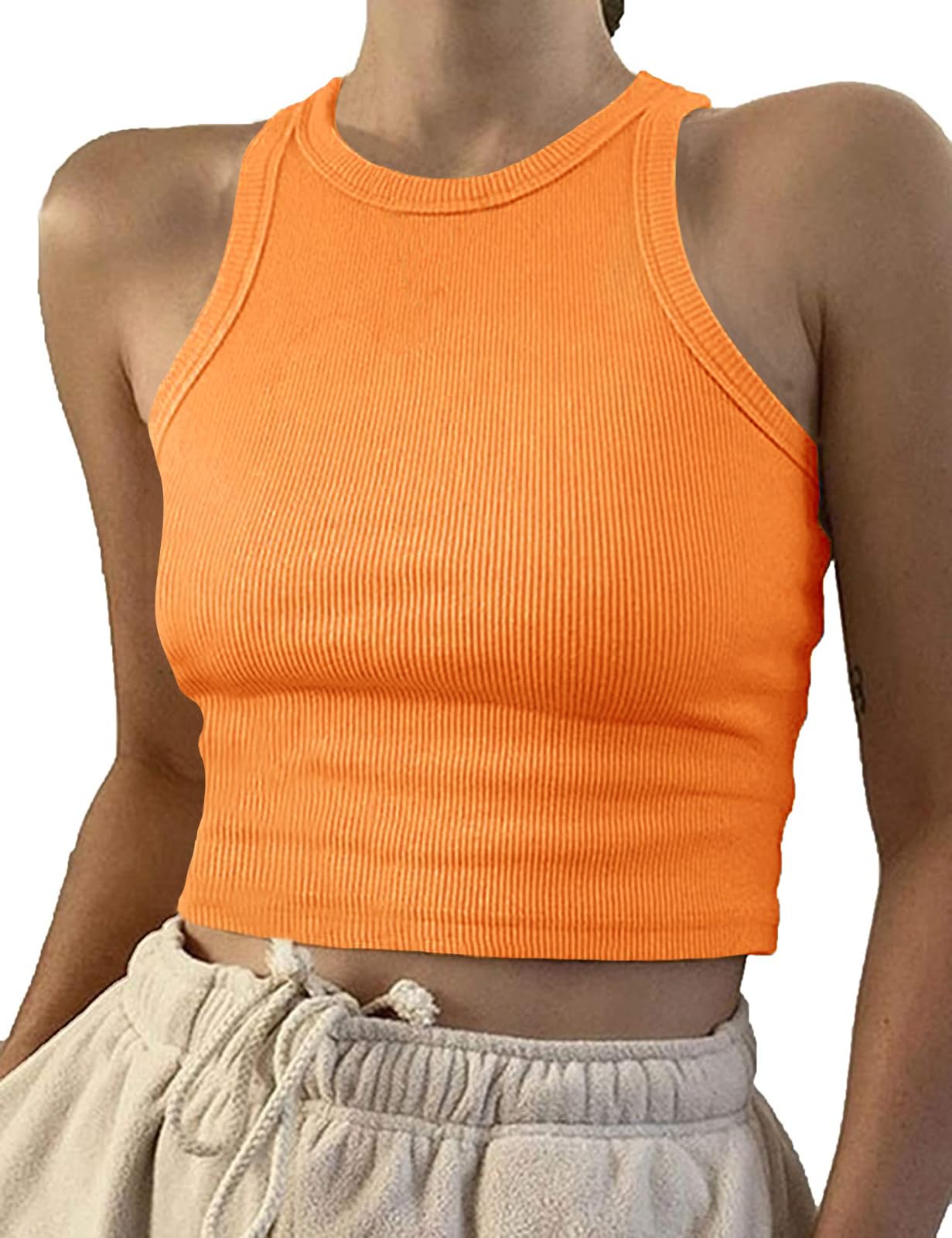 Artfish Women Casual Basic Sleeveless High Neck Rib-Knit Y2k Crop Tank Top