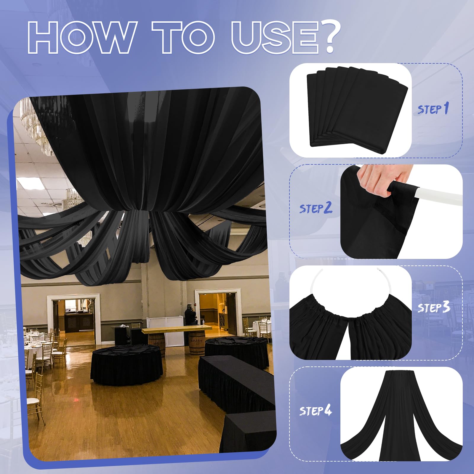 Lot de 6 rideaux de plafond en tissu transparent pour mariage, fête, banquet, cérémonie, scène - 1,5 x 12,2 m - Noir