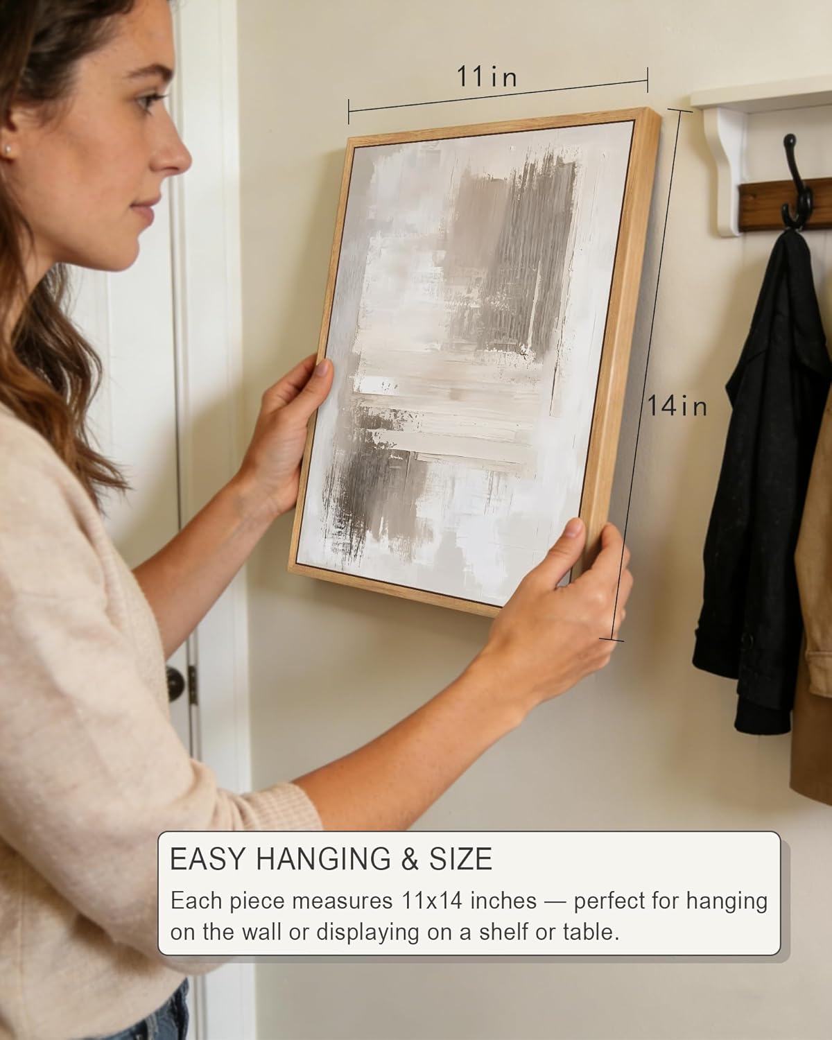 PHOPAGO Modern Abstract Framed Wall Art Mid Century Minimalist Beige Pastel Neutral Wall Decor for Kitchen Bathroom - 11x14in Natural Framed