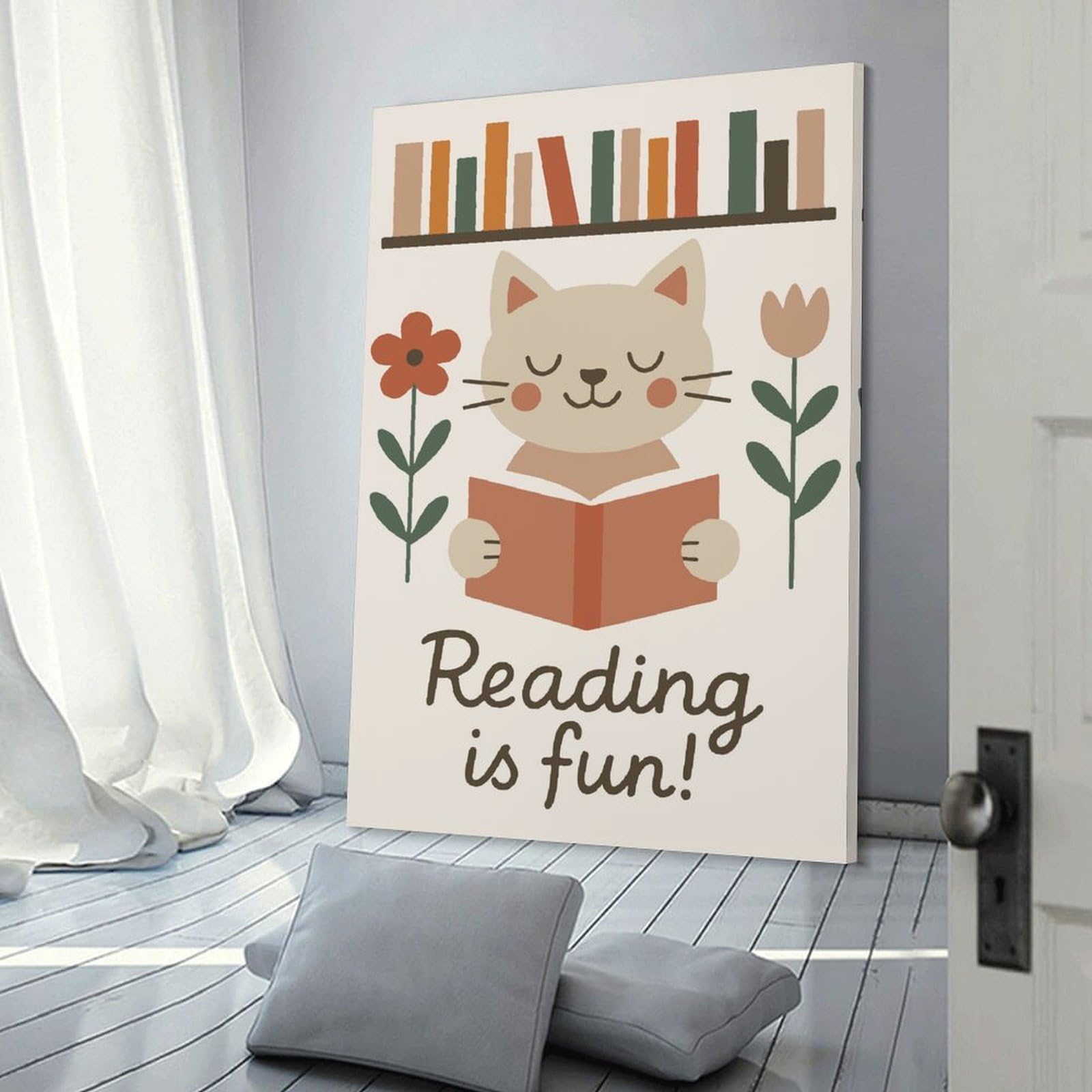 Junmoney Frame-Style-21 Canvas Wall Decor Cat Reading Book Illustration, 24X36inch(60X90cm), For Gallery Wall Layouts In Home Or Office, Home Wall Art For Statement Displays
