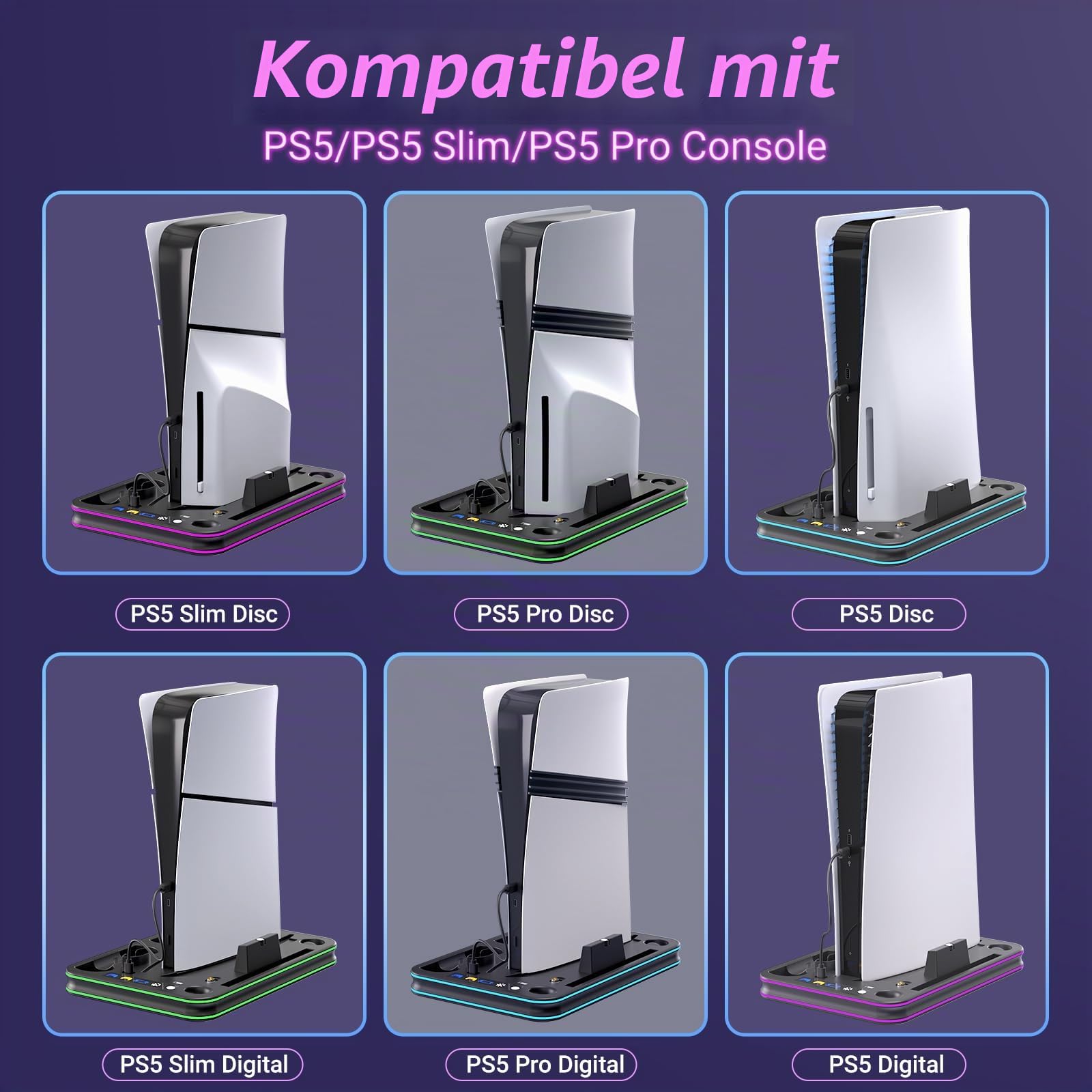 PlayStation Portal Ladegerät, PS5 Ständer und Kühlstation mit RGB LED Controller Ladestation Zubehör, PS5 Edge Controller und PS Portal Ladegerät, Headset und Fernbedienungshalter