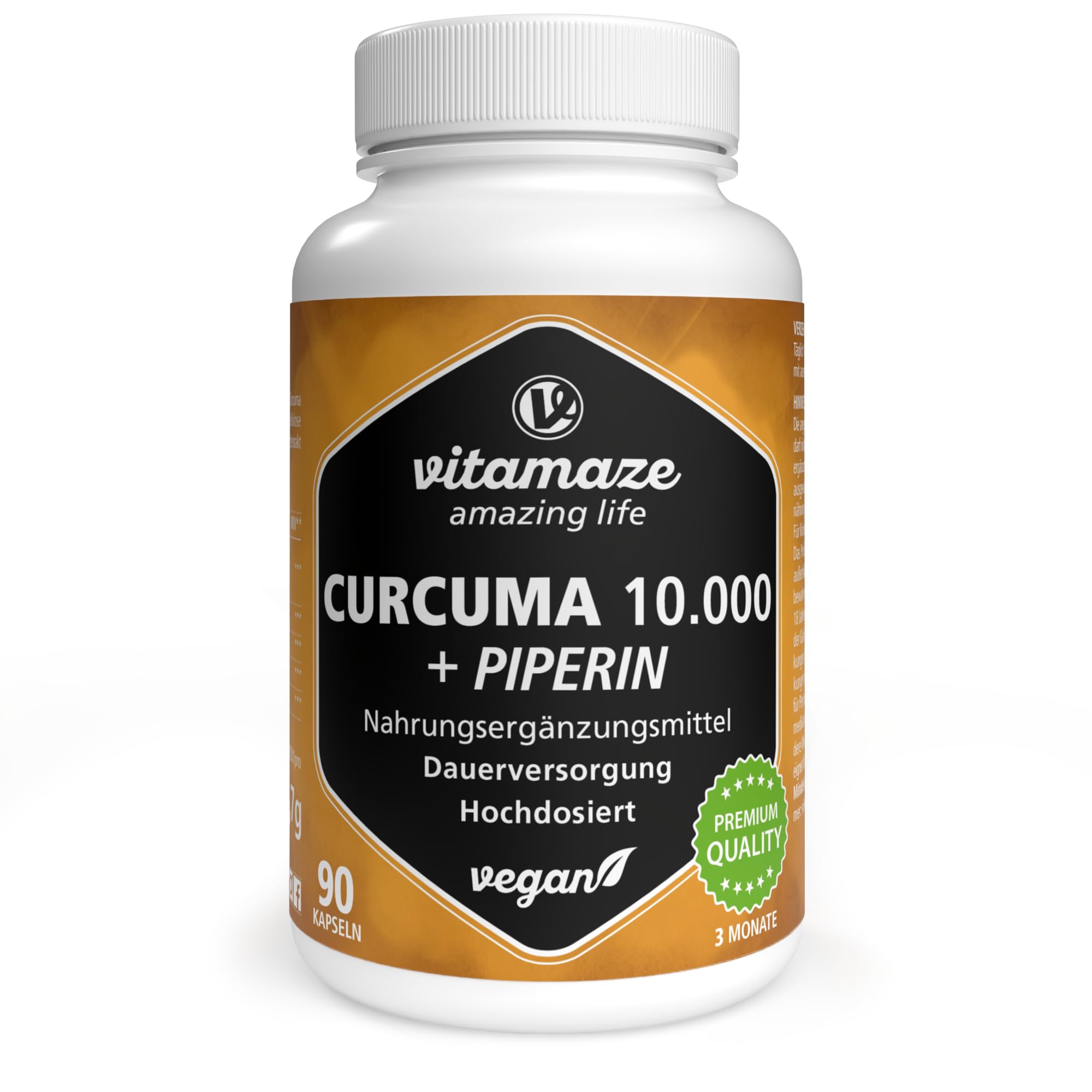 Kurkuma Hochdosiert – 90 vegane Kapseln mit Curcuma-Extrakt (200 mg pro Kapsel, 70% Curcumin) + Piperin