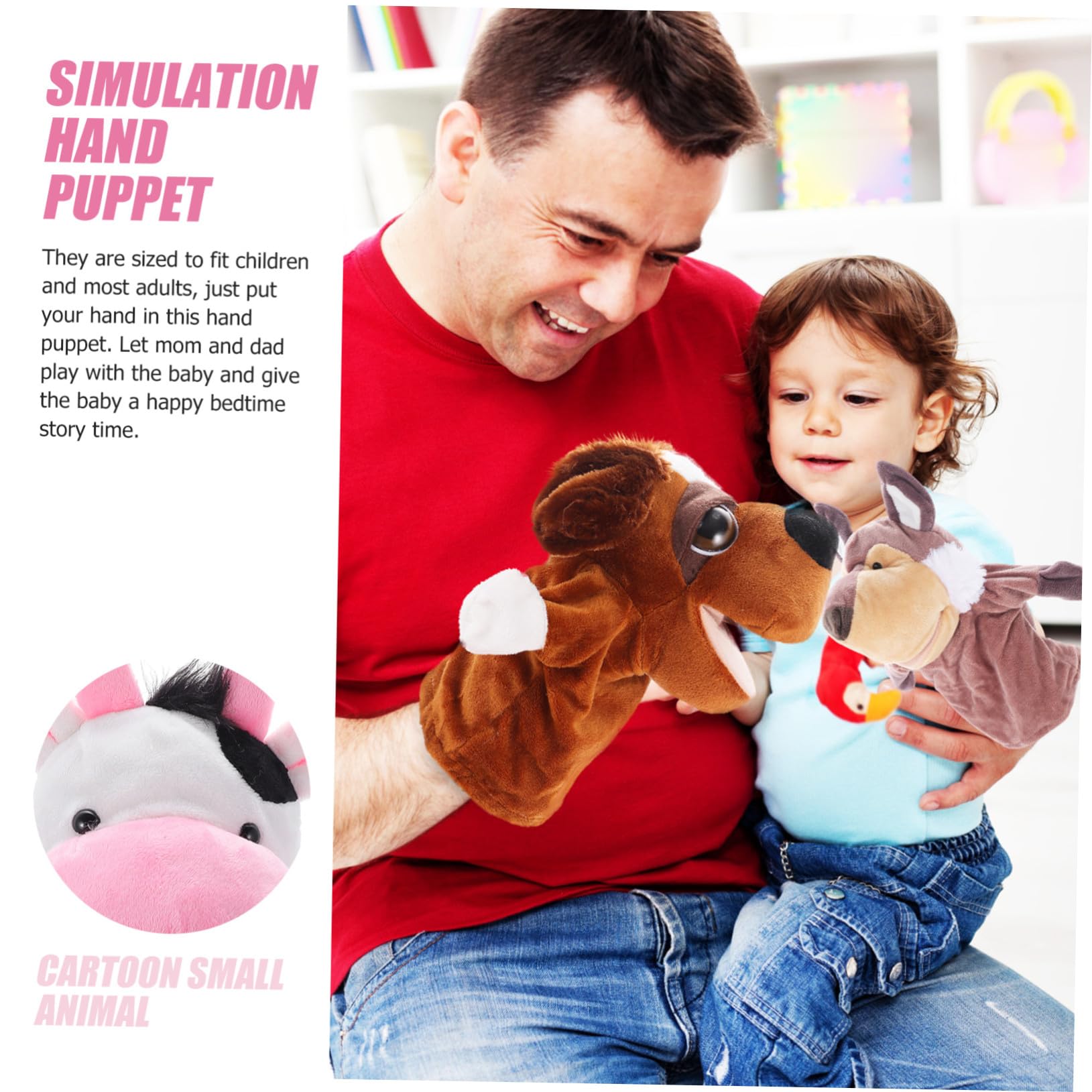 UPKOCH Marionetas De Mano Boca Móvil para Niños – Set De 5 Piezas (Cerdo Rosa, Vaca, Oveja, Gris, Perro Ojazos) – Juguetes Interactivos para Contar Historias Casa y Escuela