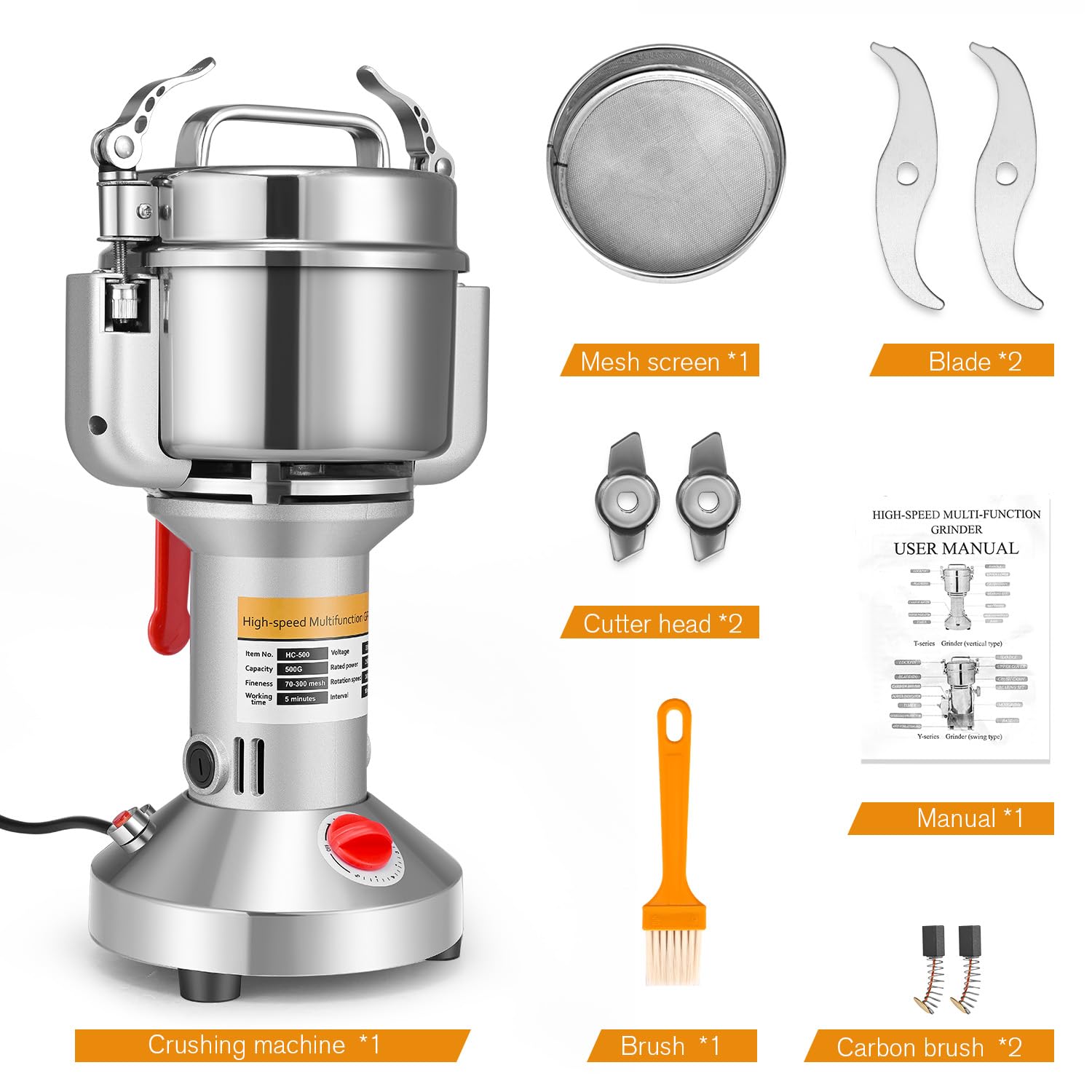 Molino de Maiz Eléctrico, Couleeur Acero Inoxidable Molienda Hierba Amoladora Molino de Harina en Polvo con Protección Sobrecarga y Función Tope Tapa Abierta para Cereal Hierba Especia Nuez (500g)