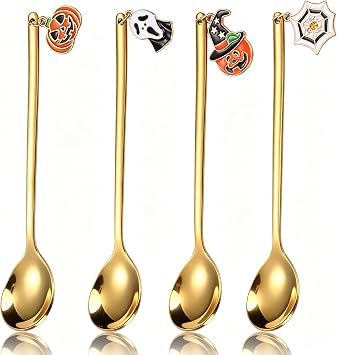 Set of 4 Halloween Spoons Stainless Steel Tea Spoons Pumpkin Spoon for Coffee Cake Dessert Serving Spoon Soup Milk Coffee Mixing Spoon