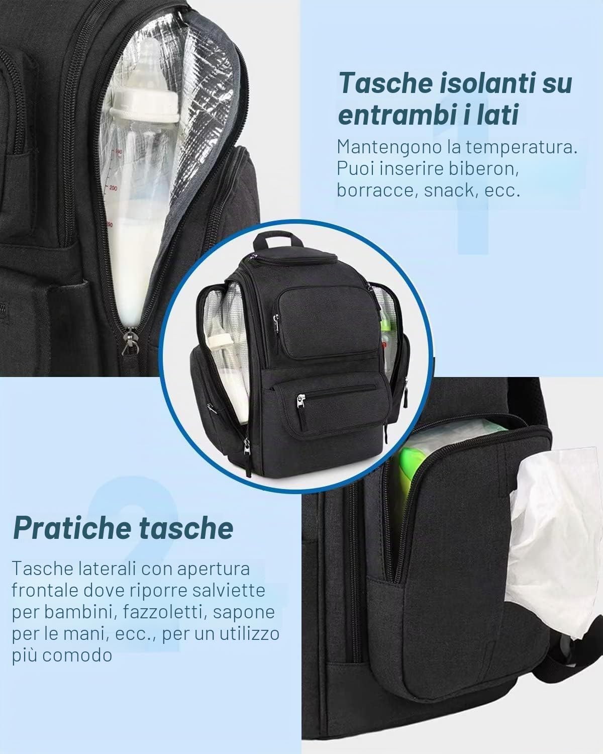 Mancro Zaino Fasciatoio Neonato, Grande Capacità Borsa Passeggino Universale con Scomparto Antifurto, Impermeabile Multifunzione Borsa Bebè con Tasche Laterali Termiche per Mamma e Papà, Nero