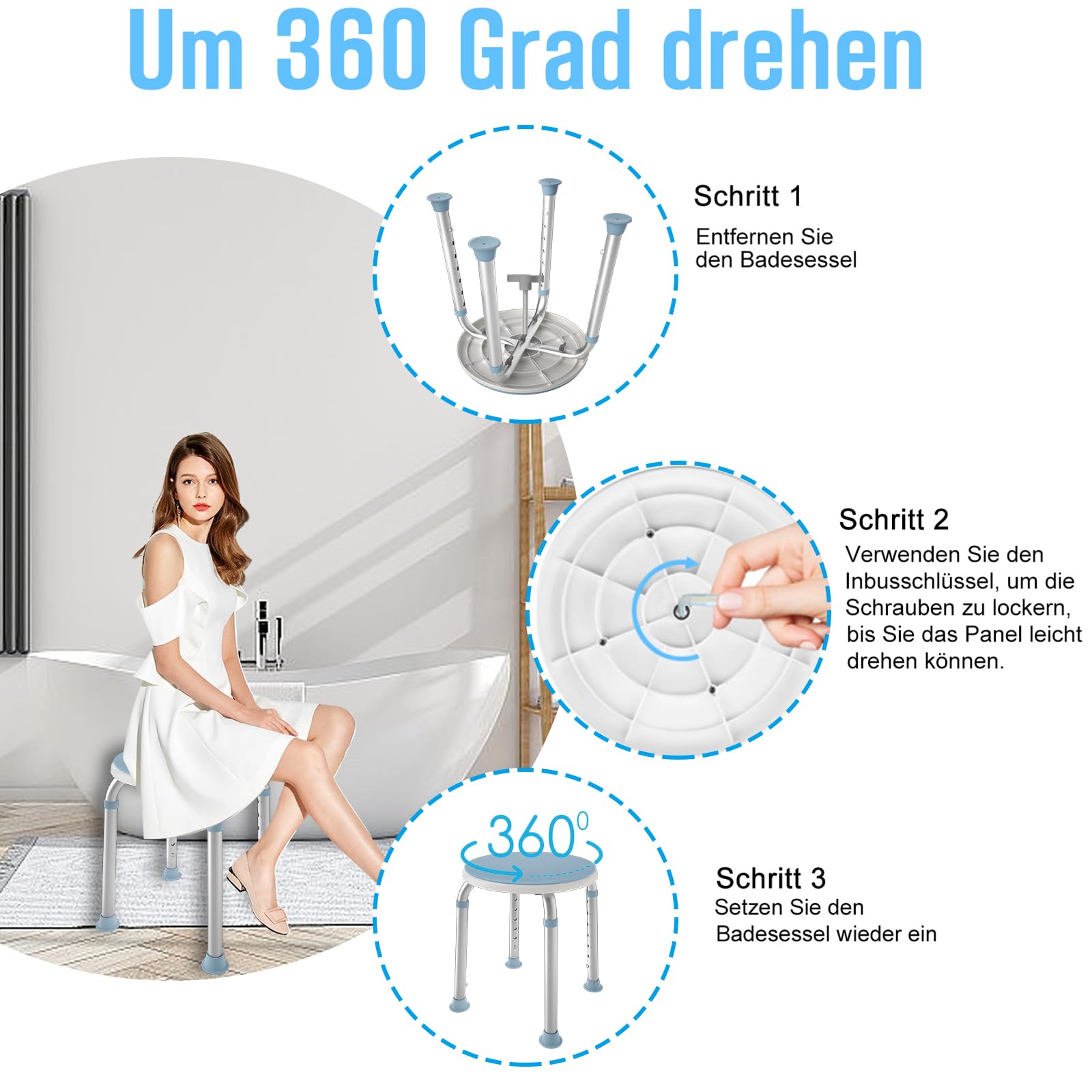 HENGMEI Taburete de Ducha Giratorio 360° para baño, Altura Regulable, para Ducha, Asiento de baño