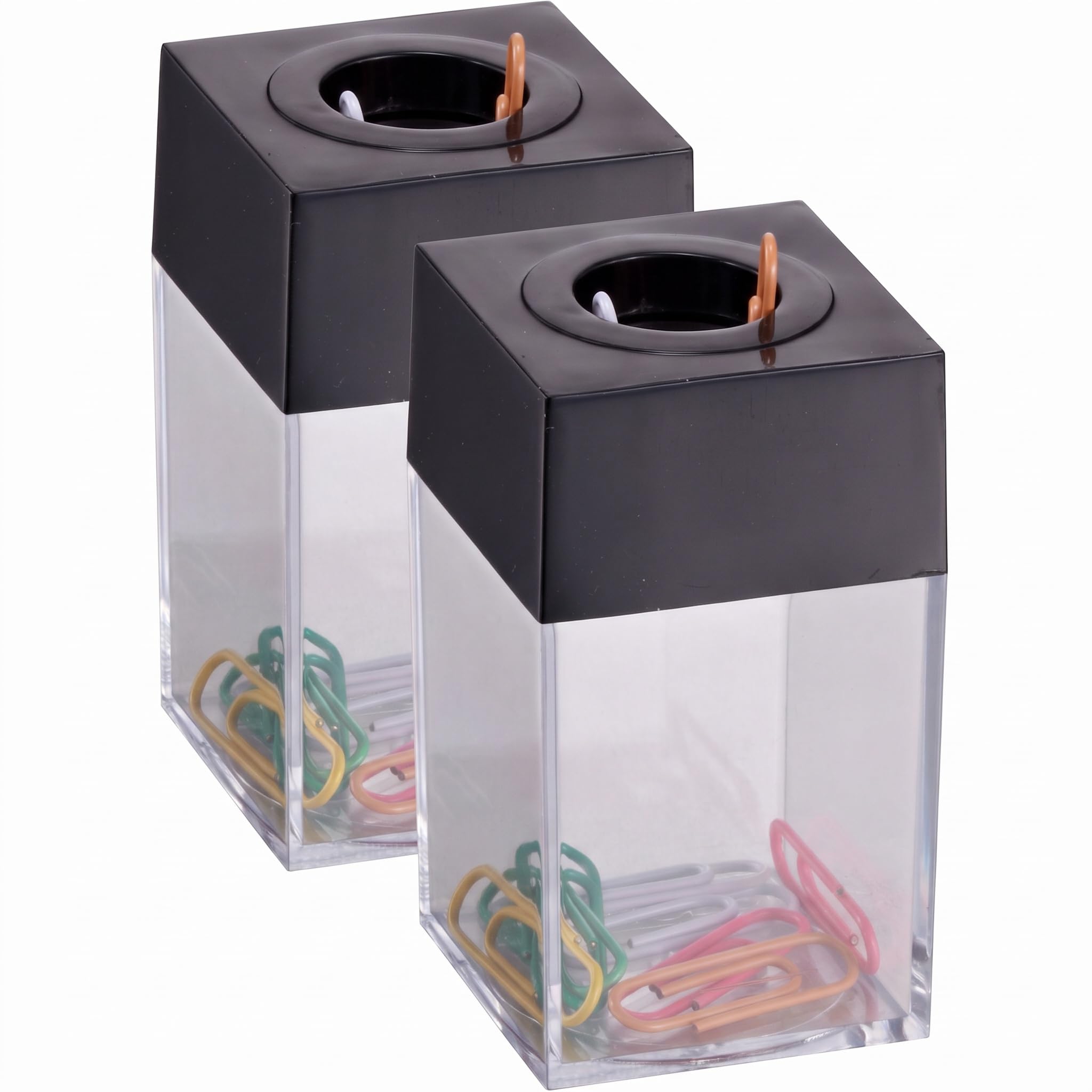 Small Clip Dispenser with Magnetic Top by Officemate – 1 Count (Pack of 2), Plastic, Clear Base with Black Top, Model 93687