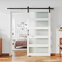 Vista 18 de Puerta de granero de vidrio de 28'' x 84'' y kit de herrajes de níquel cepillado de 5 pies incluido, losa de puerta de granero blanca de MDF