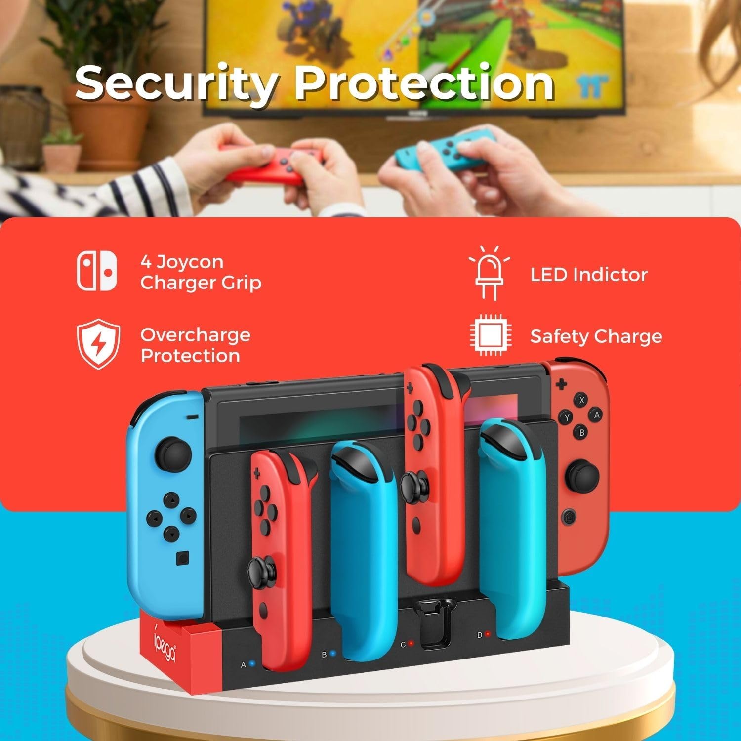 TNP Joy-Con Charging Dock Add-On for Nintendo Switch, Green/Blue, 4-Port
