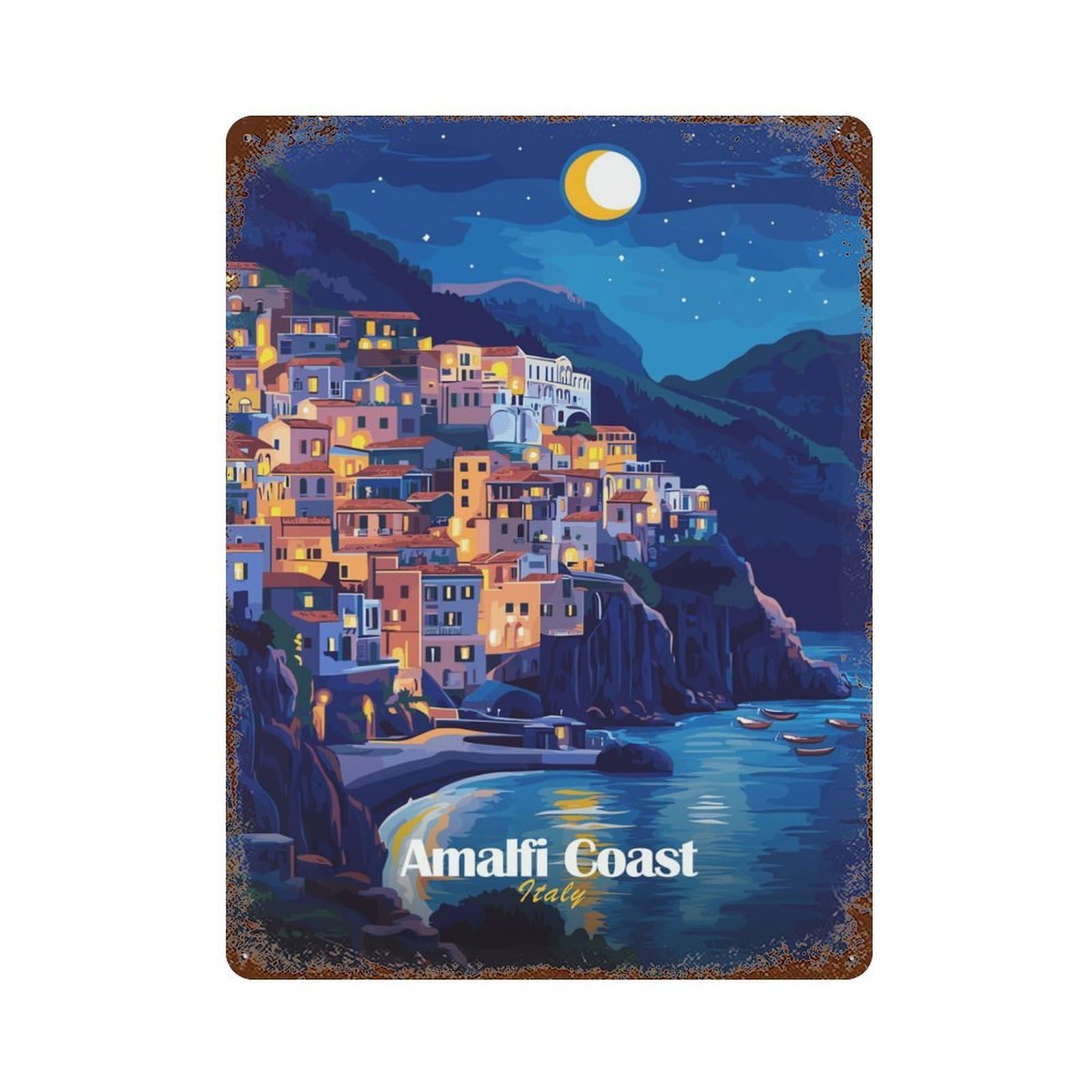 Amalfi Coast Night Retro Metal Sign 15.7"x11.8", for Pub, Kitchen And Man Cave Decor, Retro Wall Decor