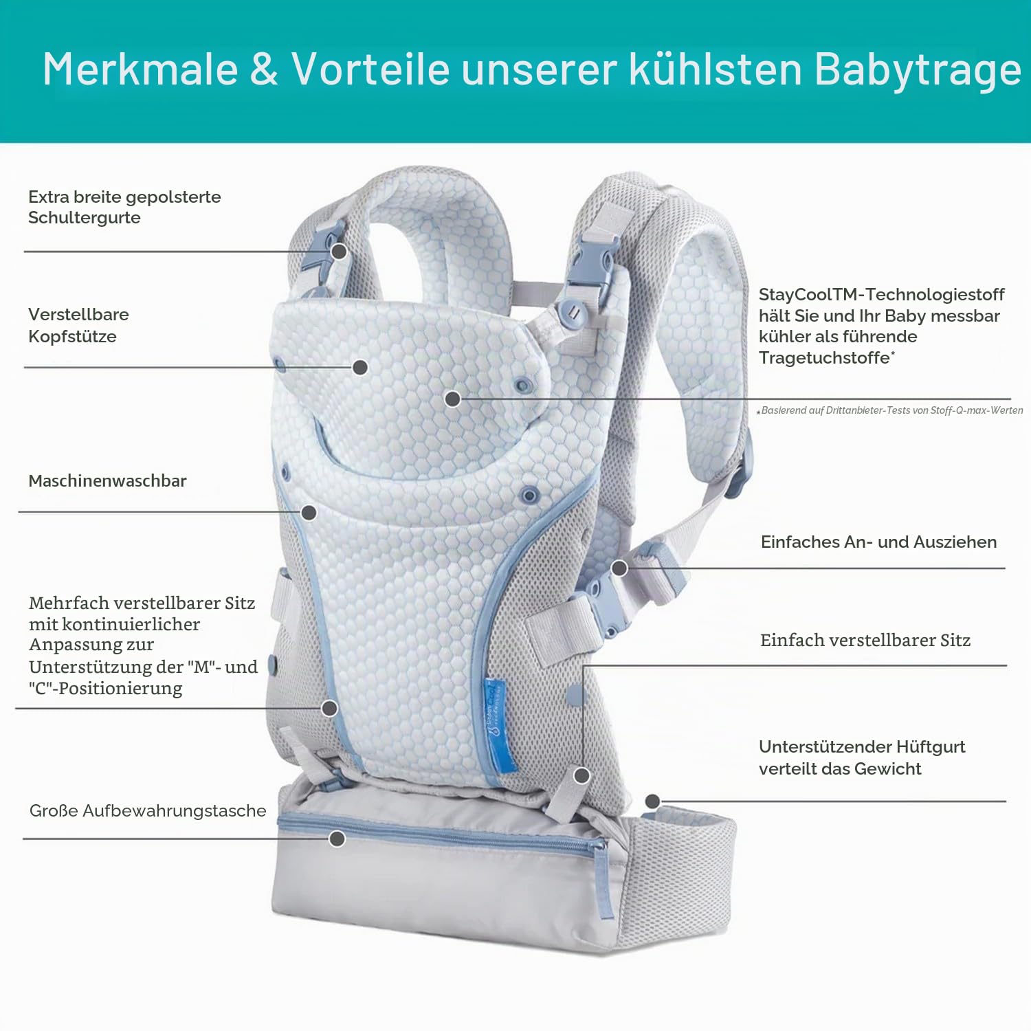 Infantino StayCool 4-in-1 Babytrage, Ergonomisches Design, mit Praktischem Aufbewahrungsfach, Geeignet für Neugeborene und Kleinkinder 3,63–18,14 kg, Grau