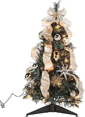Árbol de Navidad plateado y dorado de 2 pies, preiluminado y totalmente decorado, se pliega para un fácil almacenamiento
