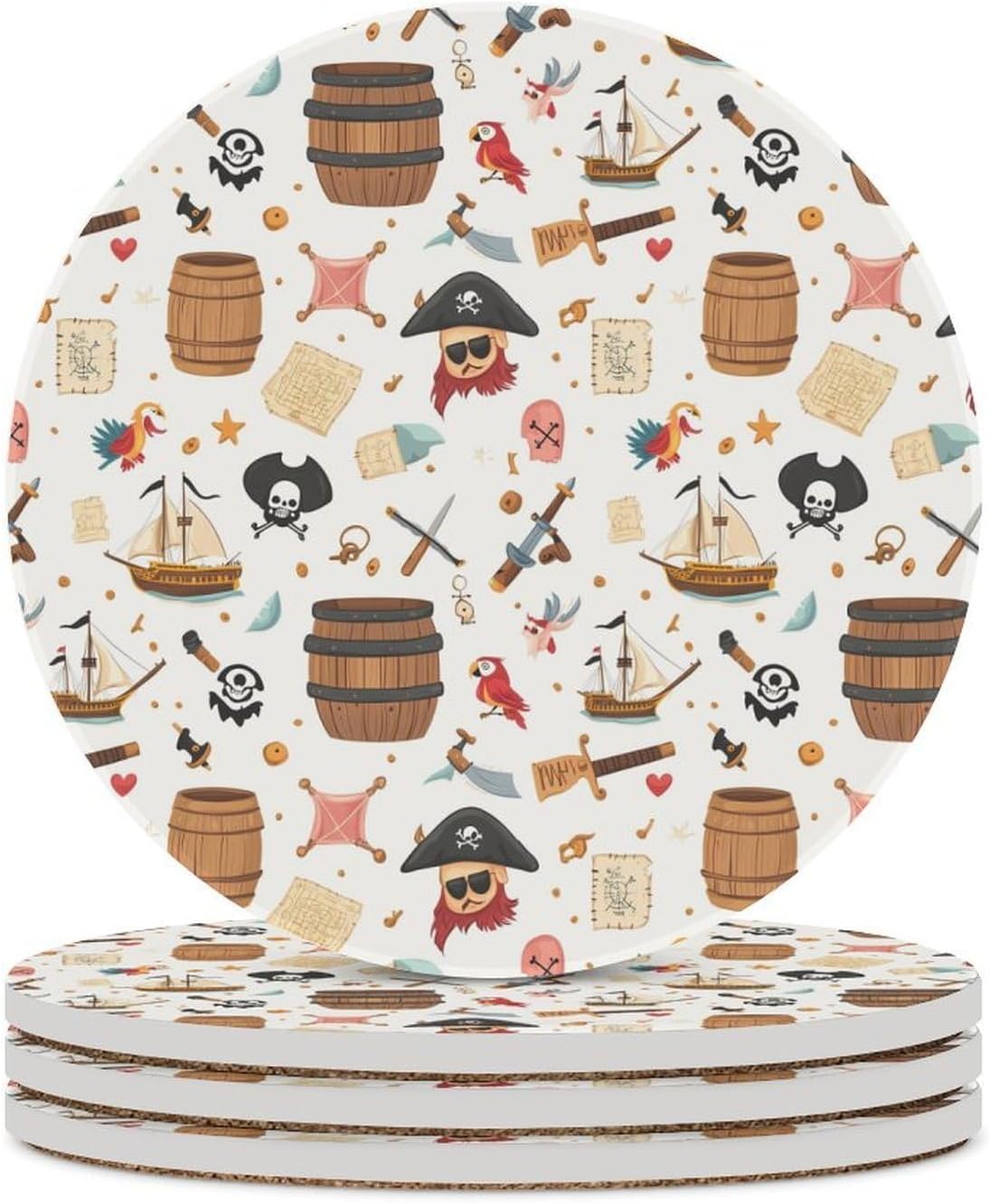 PiratesThemed Items Ship Bird Round Ceramic Coasters Print Drinks Absorbent with Cork Base for Home Decor Gifts 4 Inch