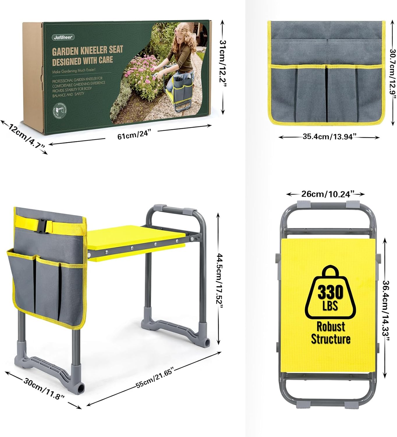 Jardineer Garden Kneeler and Seat Heavy Duty with Handles - 2-in-1 Foldable Padded Gardening Kneeler for Seniors, Ergonomic Yellow Kneeling Bench & Pad, Bypass Pruner Included (330lbs Capacity)