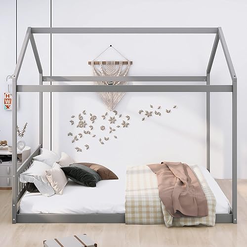 MERITLINE Cama de casa tamaño Queen para niños cama Montessori de madera con cabecero techo y listones de apoyo marco de cama Queen para niños