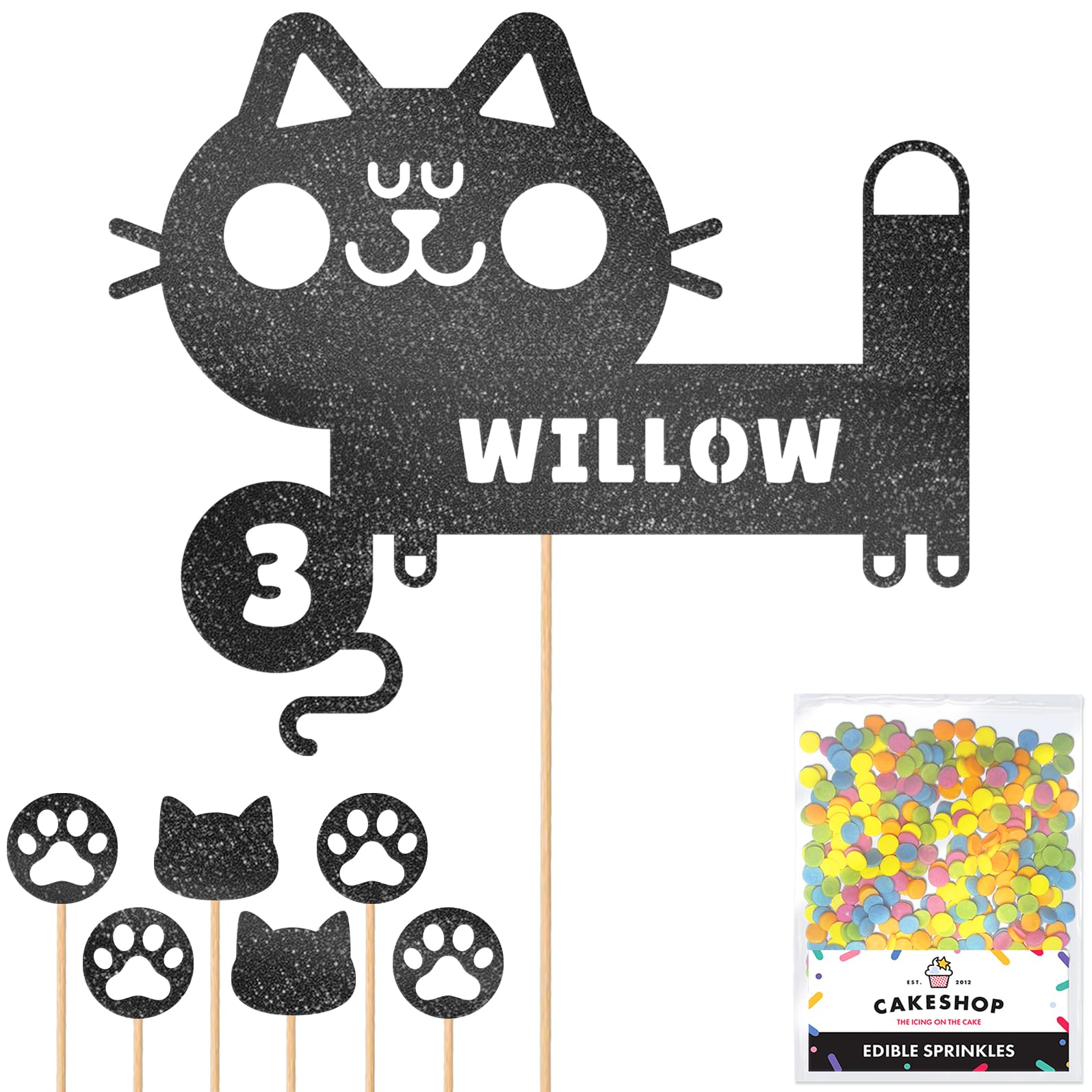 Personalised Birthday Cat Kitten Glitter Cake Topper- Black Any Name & Age Glitter Cake Decoration and Sprinkles - Happy Birthday Decorations - Personalised Toppers for Cakes by Cakeshop โ image 1